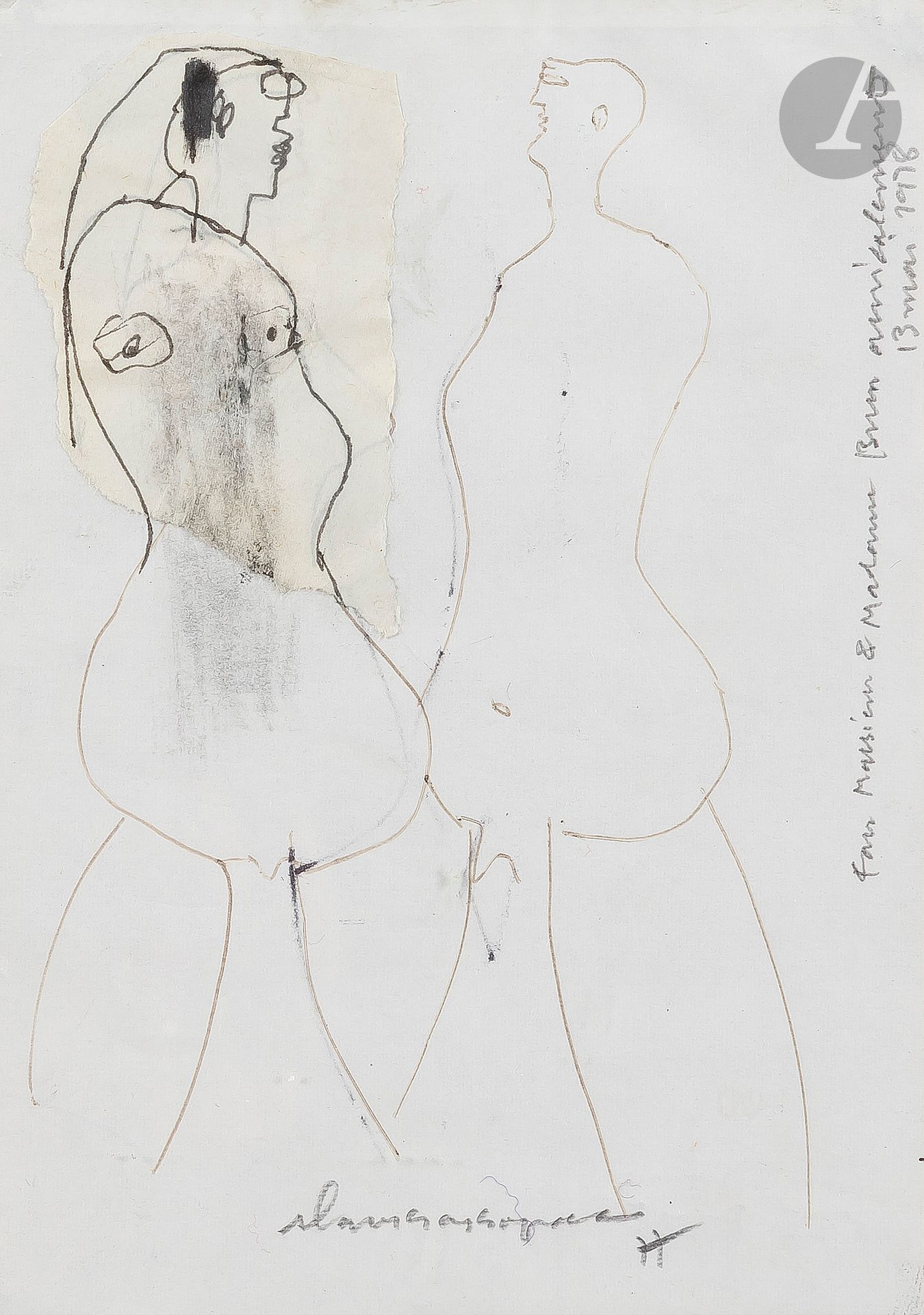 Slavko KOPAC (1913-1995)
Naked couple, 1977
Ink and collage on paper.
Signed and dated at the foot.
Dedicated: "To Mr. and Mrs. Brun, with love / May 13, 1978."
15,5 x 11 cm

Provenance : 
- Evelyne and Georges Brun Collection.
- By descent.