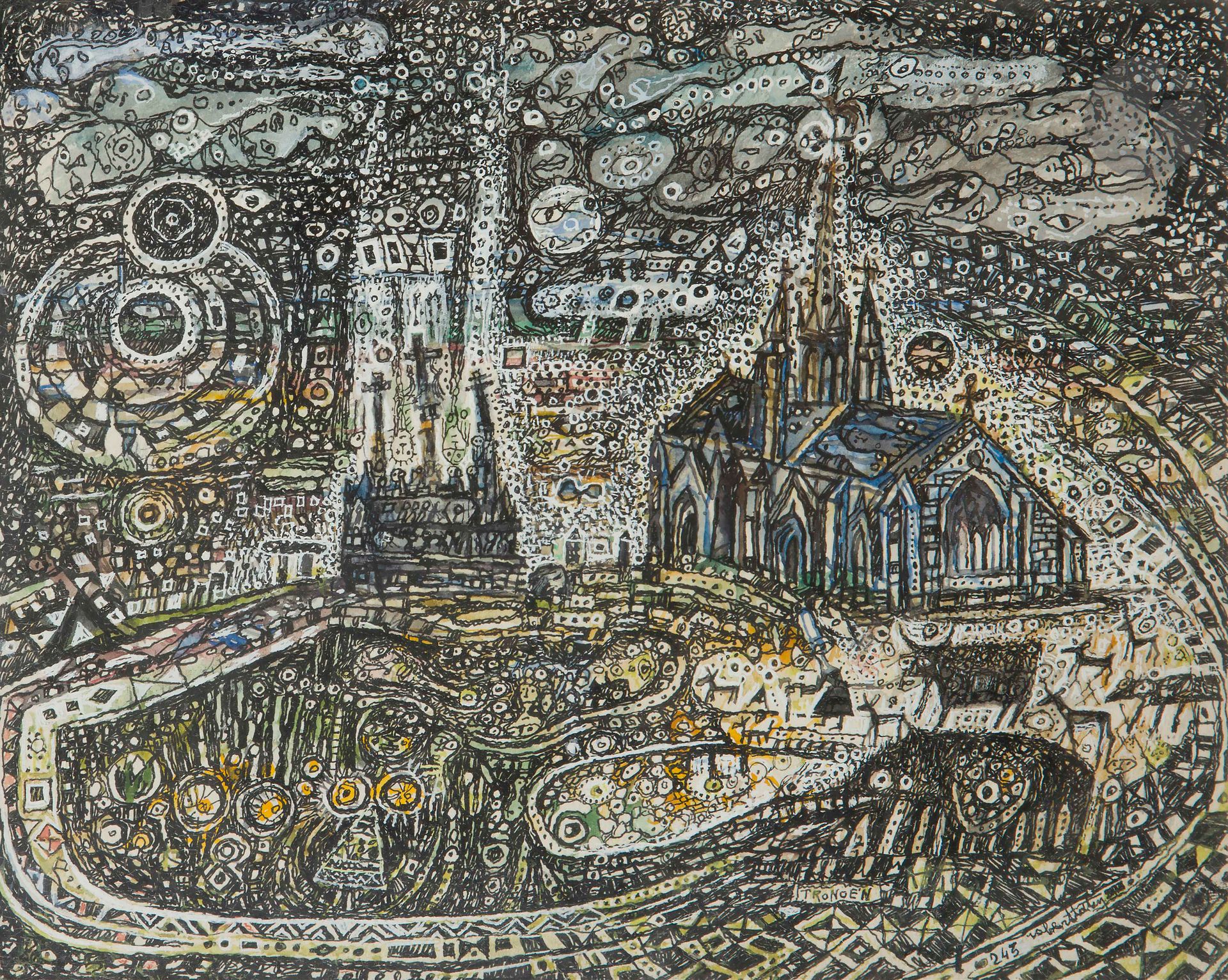Robert TATIN (1902-1983)
Tronoen, vers 1960
Encre, aquarelle et rehauts de gouache.
Signée et titrée en bas à droite.
Numérotée «  243  ».
21 x 26 cm