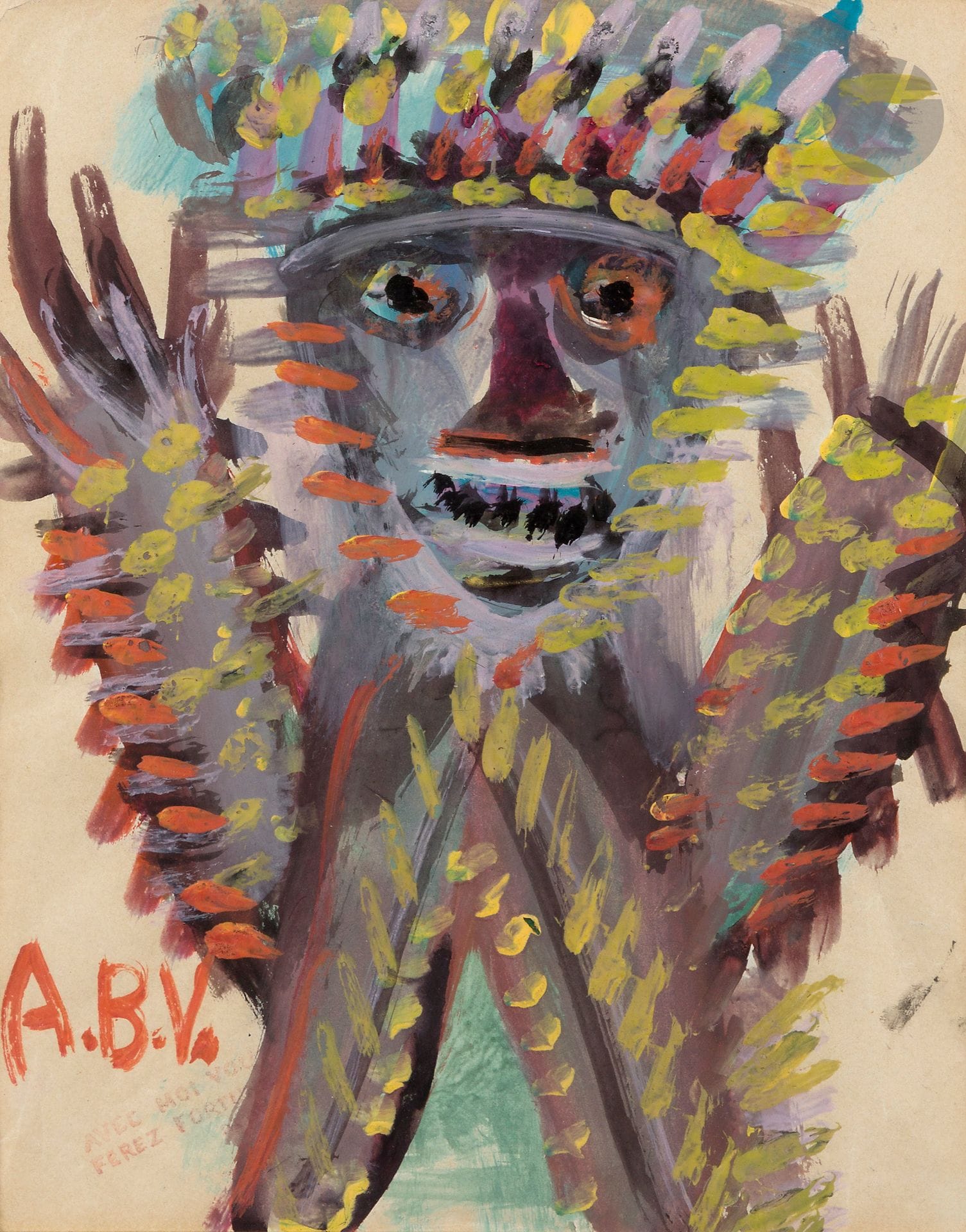 Anselme BOIX-VIVES (1899-1969)
Fantastic character
Gouache.
Monogrammed in the lower left corner.
Stamped: "With me you will make your fortune".
25,5 x 20 cm

A certificate of Mr. Jean-Dominique Jacquemond can be given to the buyer, at his expense and at his request.
We thank Mr Jean-Dominique Jacquemond for the information he gave us.
