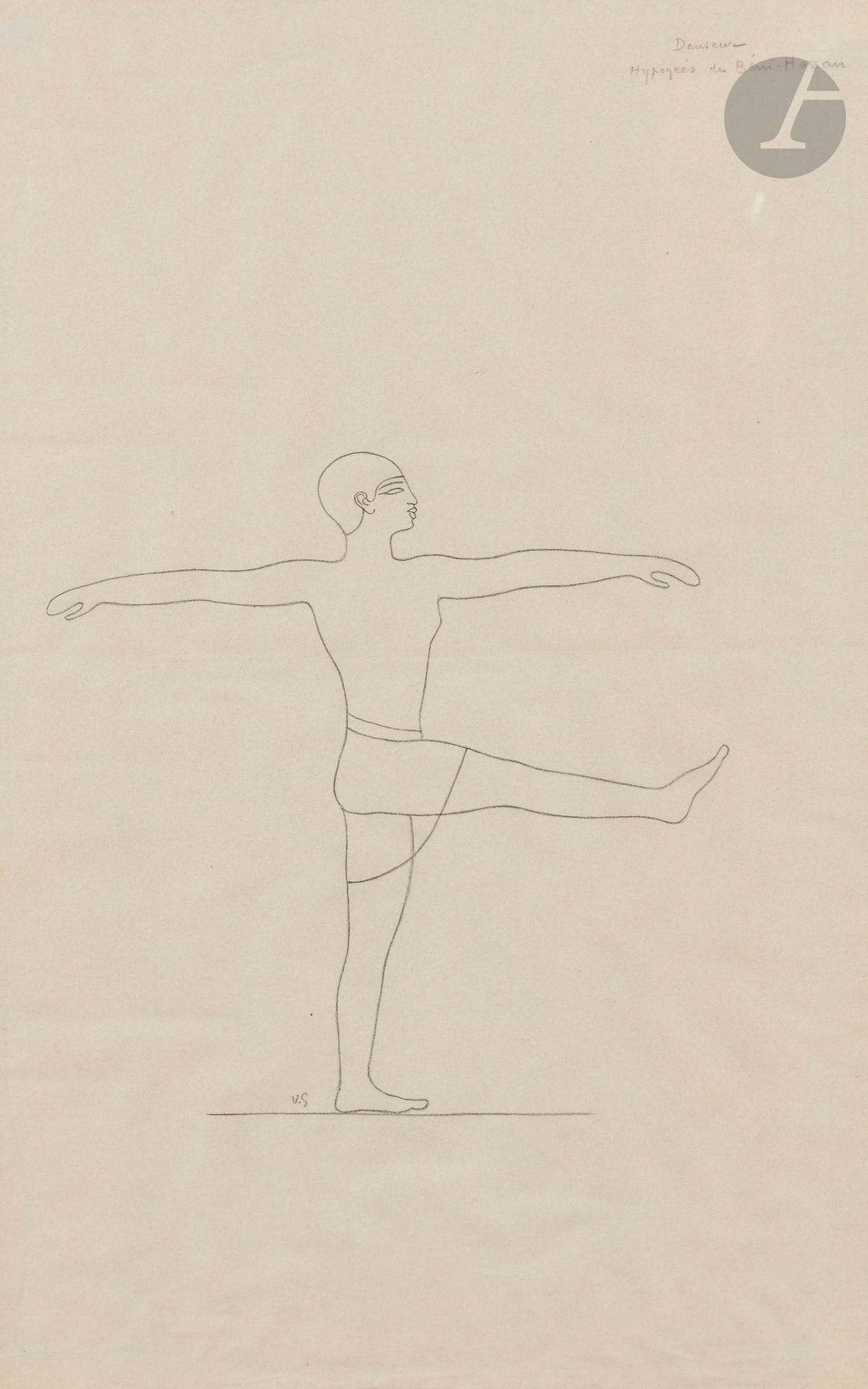 Valentine HUGO (1887-1968)
Danseurs, Hypogées de Beni Hassan
Crayon noir.
Monogrammé en bas à gauche.
(Pliure au centre).
42 x 26,5 cm