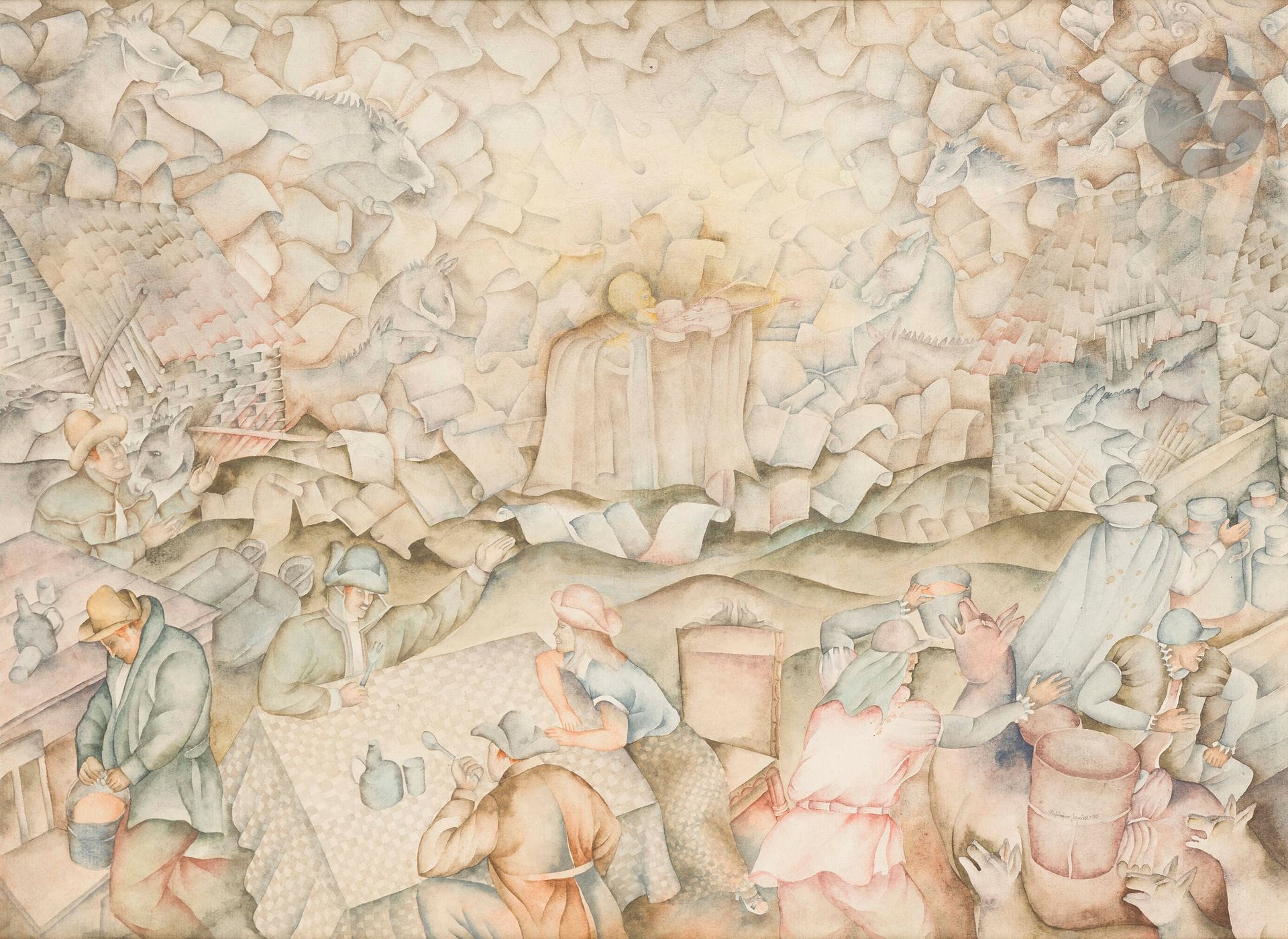 Maximino JAVIER (né en 1948)
Banquet, 1975
Aquarelle.
Signée et datée en bas à droite.
43 x 60 cm