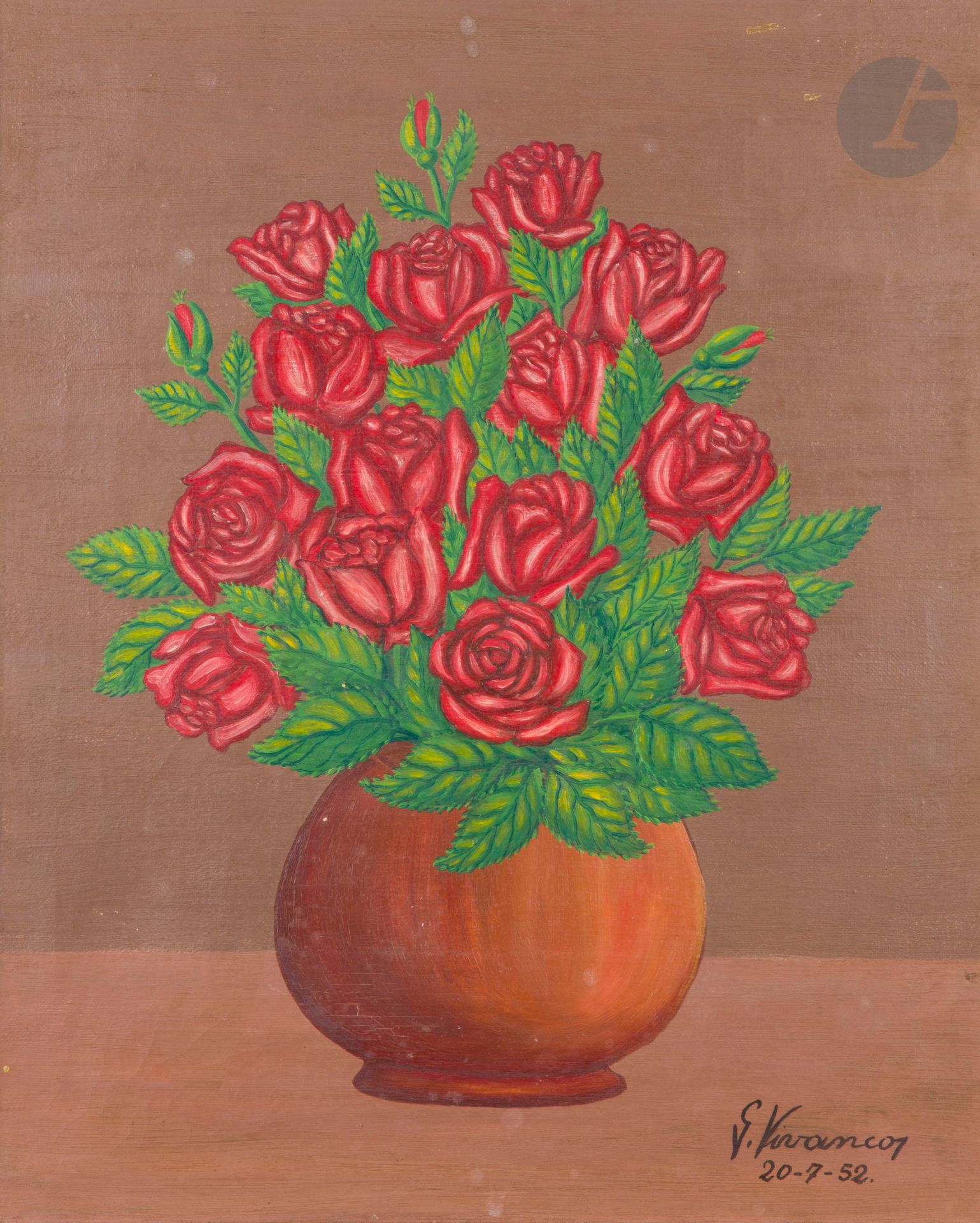 Miguel Garcia VIVANCOS (1895-1972)
Bouquet de roses, 1952
Huile sur toile.
Signée et datée en bas à droite.
Signée, datée, titrée et située au dos.
46 x 38 cm