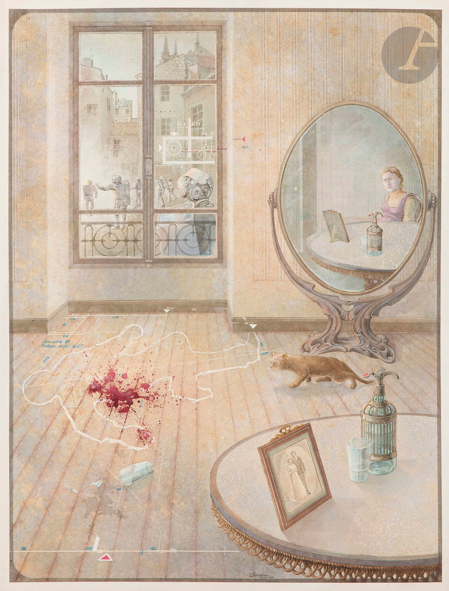 Jean-Marie POUMEYROL (né en 1946)
L’Émeute, 1972
Aquarelle et encre sur papier d’Arches.
Signée et datée en bas vers la droite.
76 x 56,5 cm

Nous remercions Monsieur Jean-Marie Poumeyrol d’avoir confirmé l’authenticité de cette œuvre et pour les informations qu’il nous a transmises.