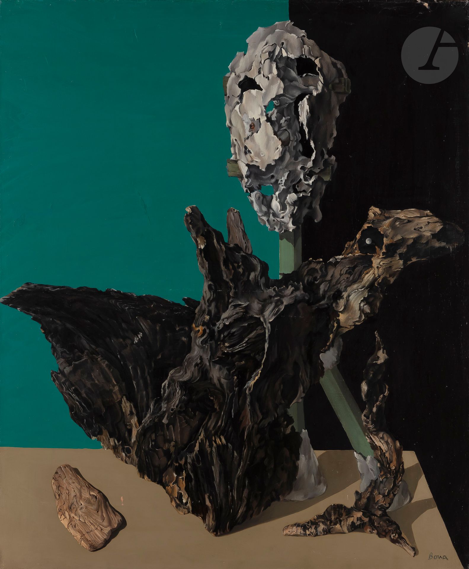 Bona de MANDIARGUES dite BONA
(1926-2000)
Fossili, 1952
Huile sur toile.
Signée en bas à droite.
Titrée au dos.
(Petits manques et frottements).
73 x 60 cm

Provenance : 
- Galerie de Seine.
- Galleria Cortina, Milan (étiquette sur le cadre).
- Galerie Thessa Herold, Paris. 

Expositions : 
- Galerie Berggruen, Paris, 1952.
- Bona, 25 ans d’imagination et de création, Galerie de Seine, Paris, 1976, reproduit au catalogue p. 11.
- Surréalisme et abstraction, 1921-1960, Galerie de Seine, Paris, 6–30 janvier 1982 (étiquette au dos sur le châssis).
- Francis Ponge et les artistes, Galerie de l’Echaudé, Paris, 1992.
- Au rendez-vous des amis, Galerie Thessa Herold, Paris, octobre 1993 – janvier 1994, reproduit au catalogue p. 39.

Bibliographie : 
Georges Sebbag, Memorabilia - Dada & Surréalisme 1916 / 1970, Paris, Éditions Cercle d’Art, 2010, reproduit p. 318.