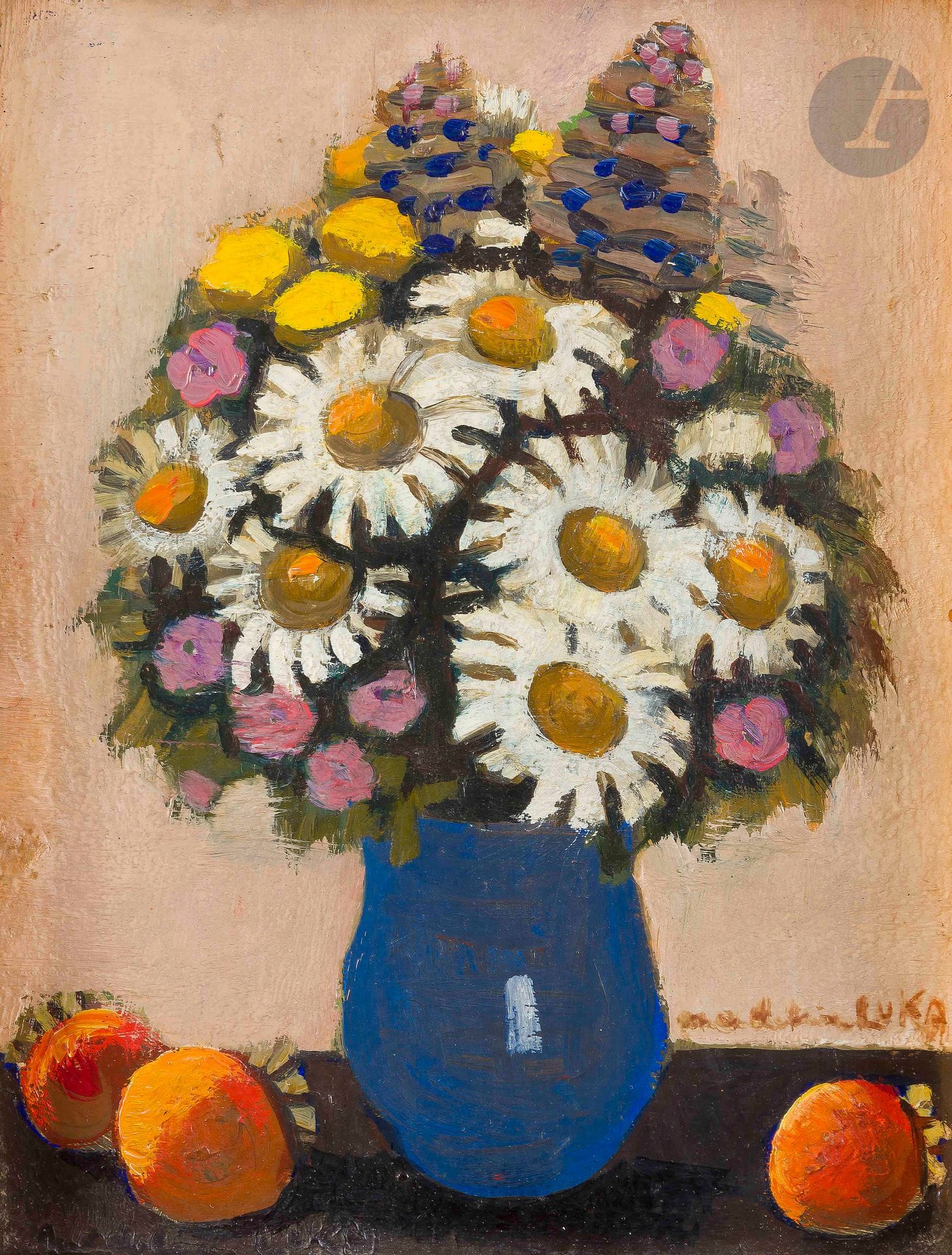Madeleine Kula dite LUKA (1894-1989)
Marguerites et fruits, 1950
Huile sur carton.
Signée en bas à droite.
24 x 19 cm