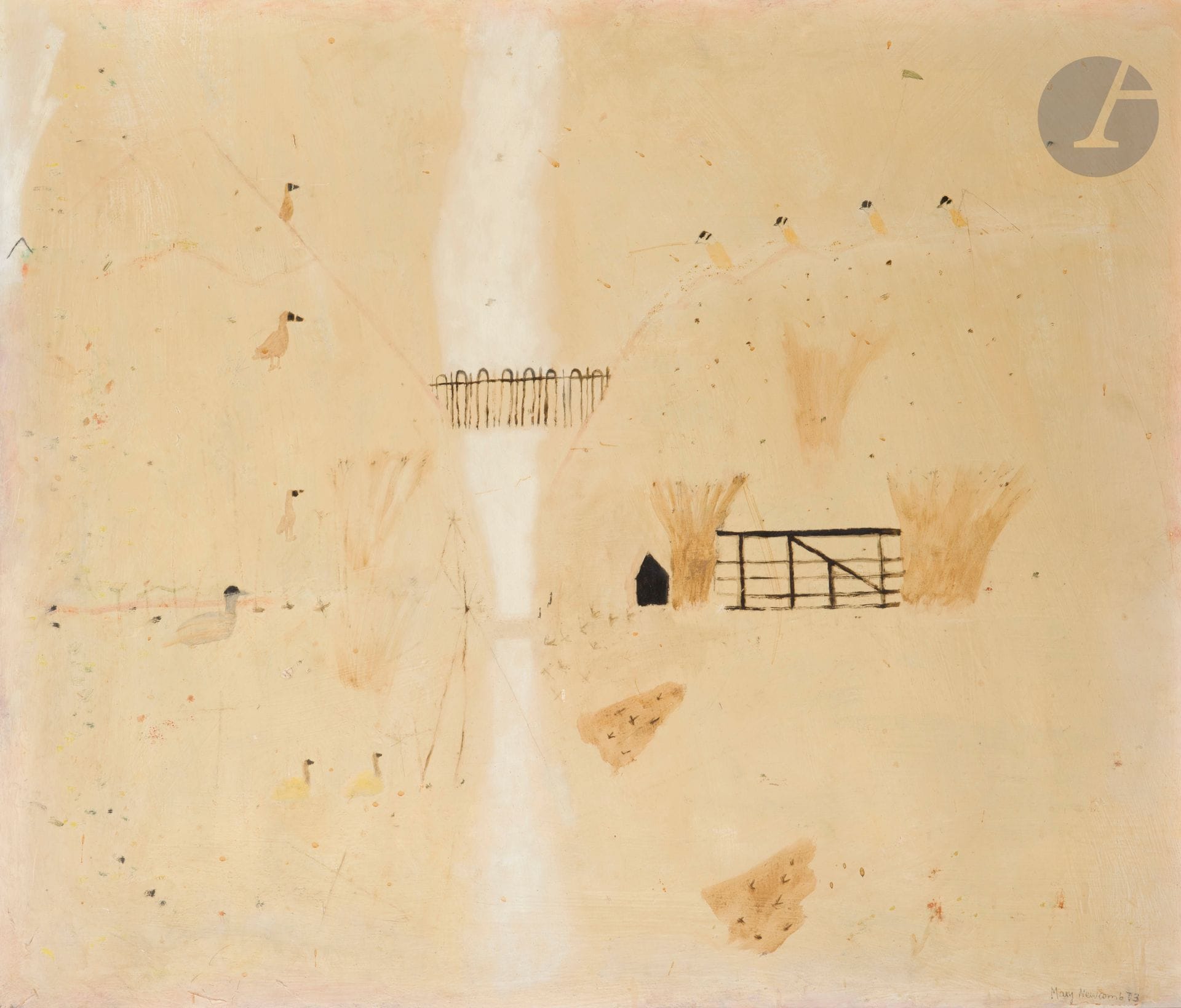 Mary NEWCOMB (1922-2008)
Men resting by the wild fowl bridge, 1973
Huile sur isorel.
Signée et datée en bas à droite.
Signée, datée et titrée au dos.
(Manques).
82 x 71 cm

Provenance : 
Collection Robert Delpire. Offert par l’artiste à ce dernier.

Exposition :
Galerie Delpire, Paris, 12 septembre–13 octobre 1973.
