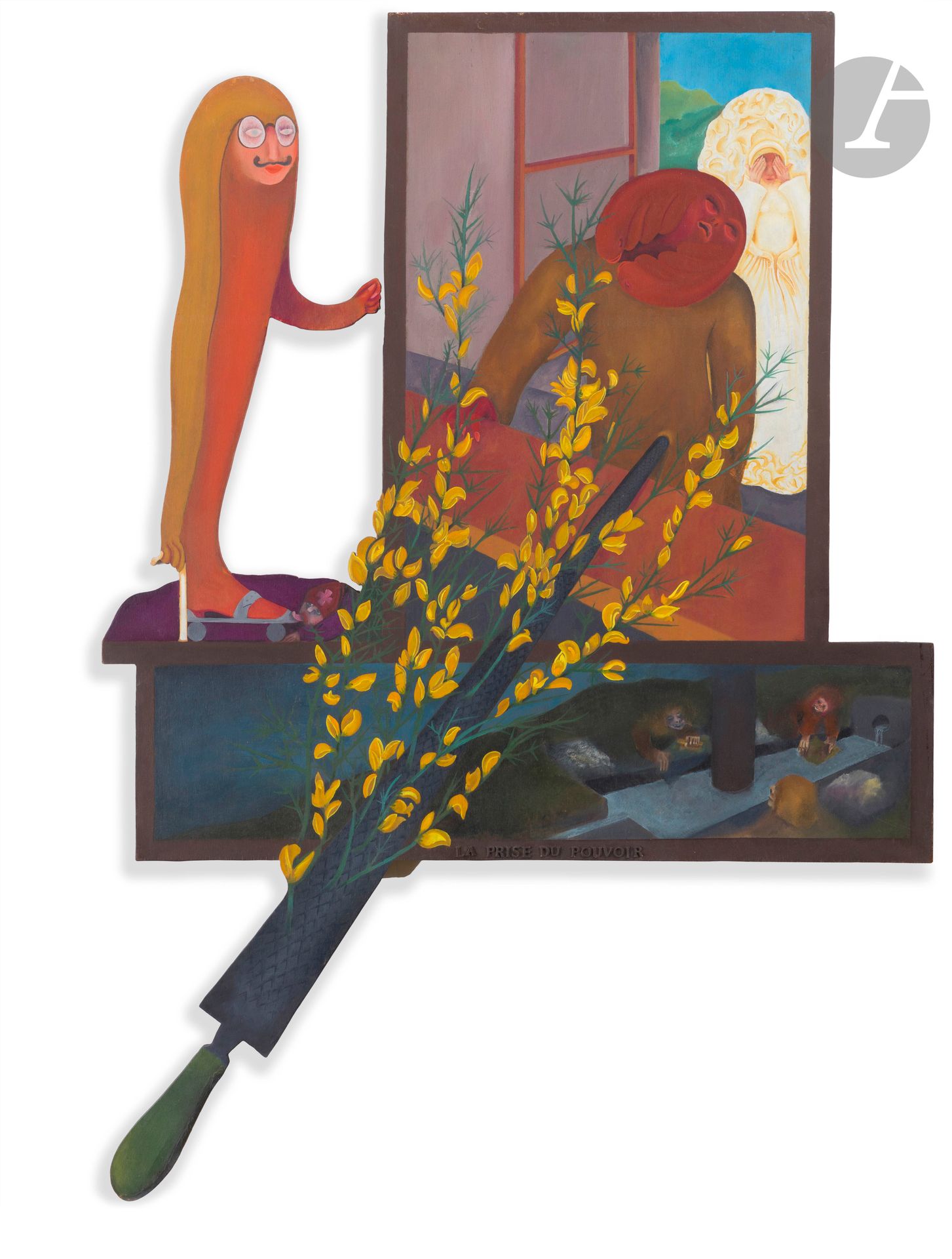 Jean-Claude SILBERMANN (né en 1935)
La Prise du pouvoir, 1970
Panneau découpé et peint.
Signé et daté au dos.
Légendé en pied.
103 x 70 cm

Provenance : 
- Galerie Samy Kinge, Paris.
- Galerie 1900-2000, Paris.
- Galerie Thessa Herold, Paris. 

Exposition :  
Silbermann, l’objet du délit, Galerie Samy Kinge, Paris, 1991, reproduit au catalogue p. 60.