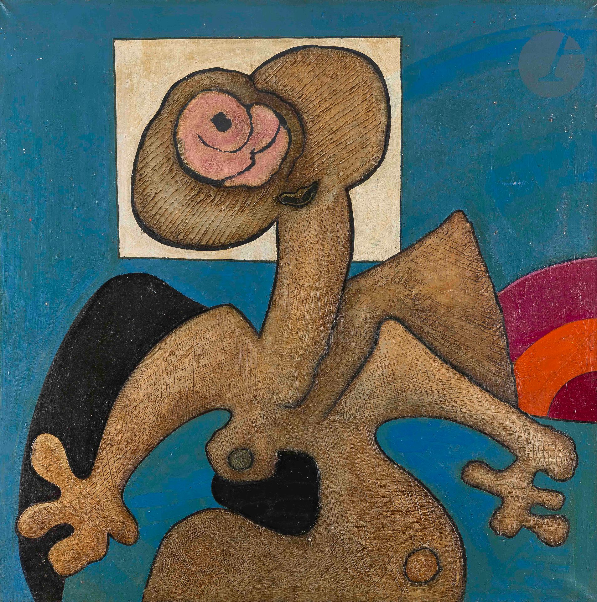 Henri REN (born in 1930)
Flower woman, 1973
Oil on canvas.
Signed and dated on the back.
100 x 100 cm

Provenance: 
Galerie Carole Brimaud, Paris (label on the back on the frame).