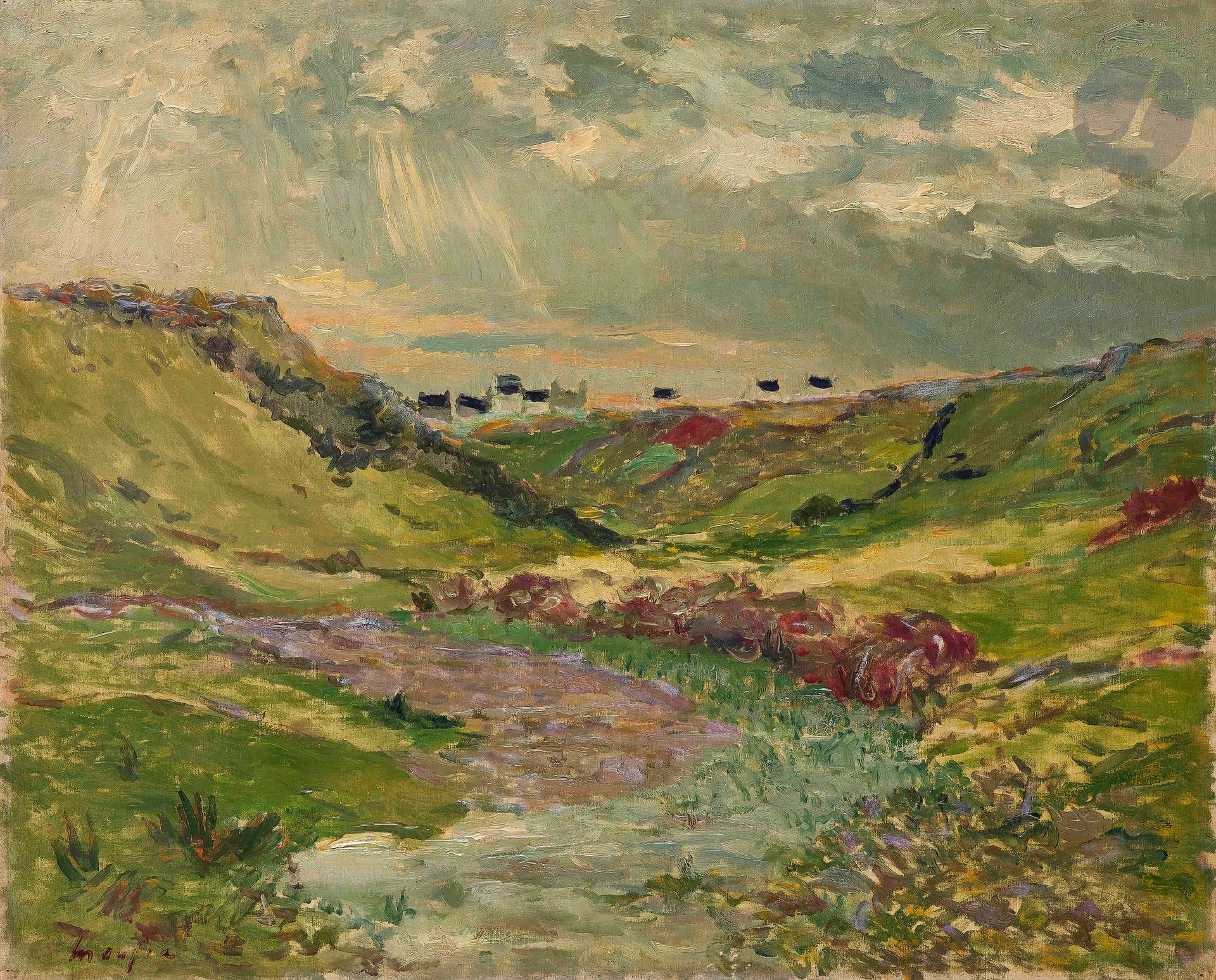 Maxime MAUFRA (1861-1918)
Belle-île, paysage
Huile sur toile.
Timbrée en bas à gauche.
65 x 81 cm

Bibliographie :
Caroline Durand-Ruel Godefroy, Catalogue critique Maxime Maufra, https:cataloguemaufra.com, n°651.

Une attestation d’avis d’inclusion au catalogue critique de Madame Caroline Durand-Ruel Godfroy, perdue à ce jour, a été émise.