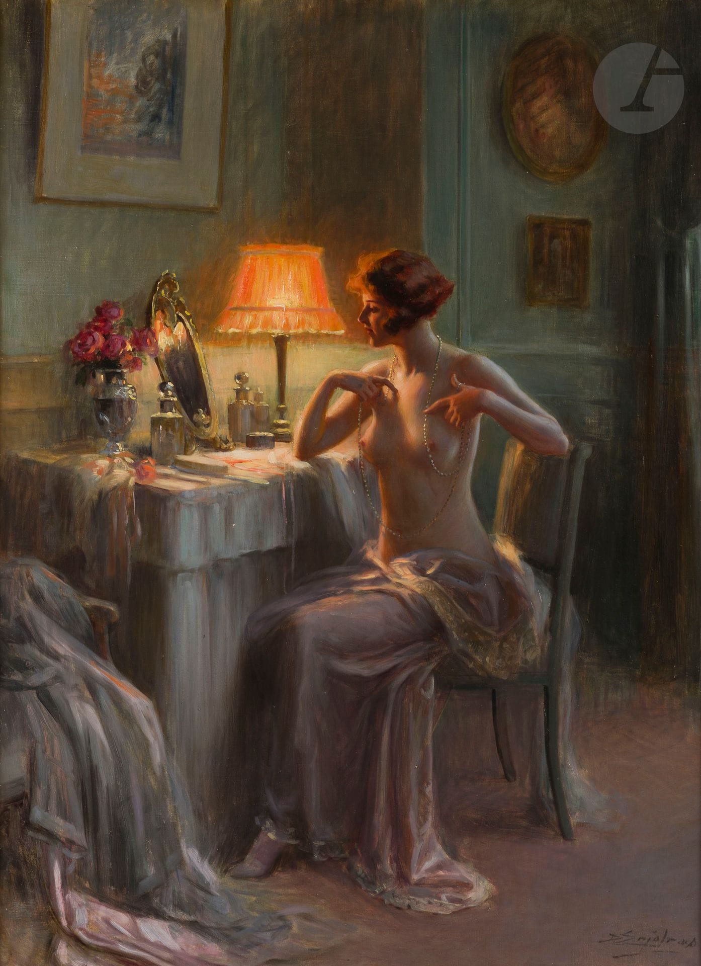 Delphin ENJOLRAS (1865-1945)
Nu au sautoir de perles
Huile sur toile.
Signée en bas à droite.
(Petit enfoncement).
73 x 54 cm