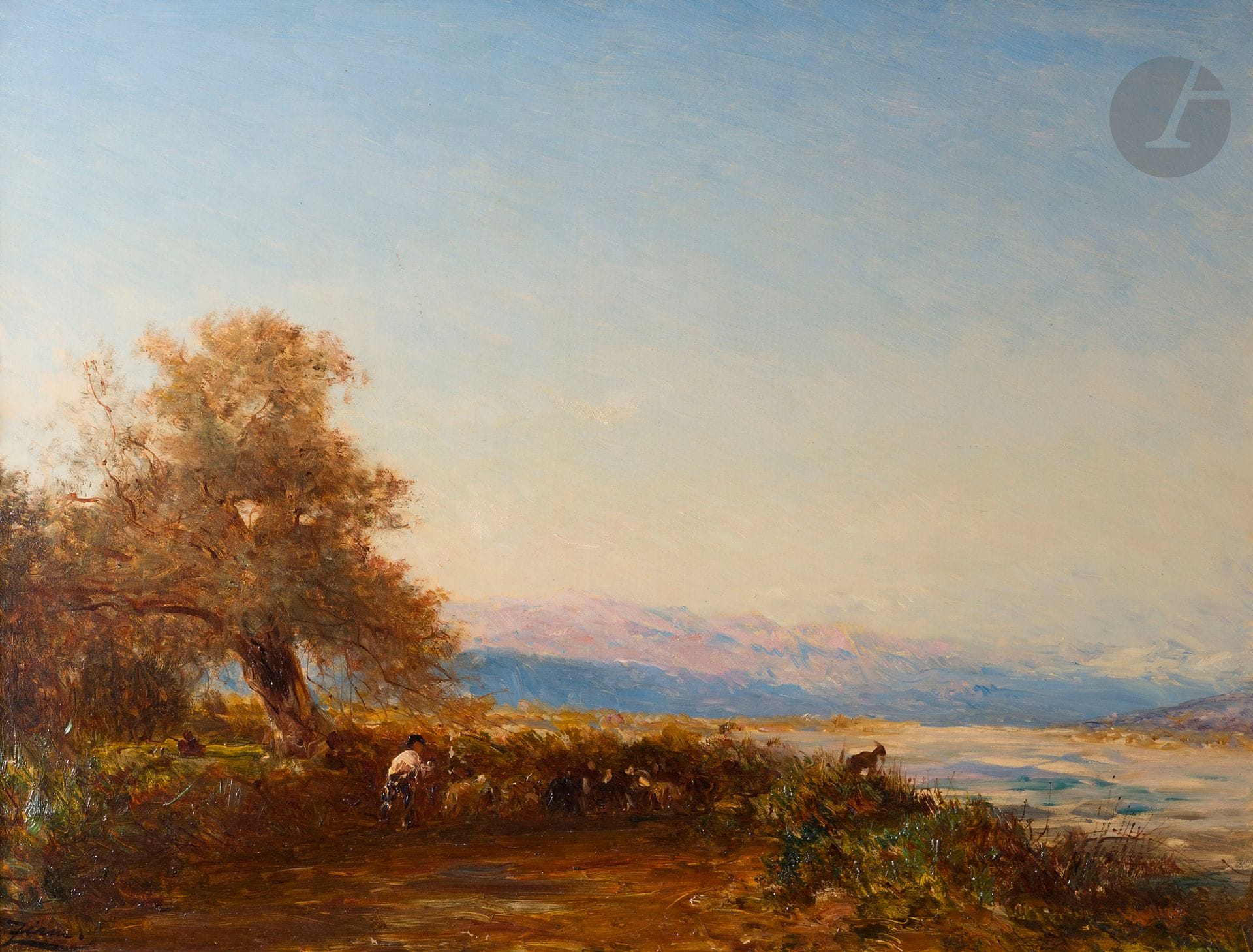 Félix ZIEM (1821-1911)
Troupeau de moutons dans la vallée du Var
Huile sur toile.
Signée en bas à gauche « Ziem ».
70 x 92 cm

Provenance : 
- Vente Violet, Perpignan, 22 février 1972, n° 64.
- Collection particulière, Landes.

Bibliographie :
- Anne Burdin-Hellebranth, Felix Ziem 1821-1911, Catalogue raisonné, Tome II, 1998, n° 1335, reproduit p. 134.
- Pierre Miquel, Félix Ziem 1821-1911, Maurs-La-Jolie, Éditions de la Martinelle, n° 1315, reproduit p. 189.

L’Association Félix Ziem, représentée par Messieurs Mathias Ary Jan, David Pluskwa et Gérard Fabre, a confirmé l’authenticité de cette œuvre.

Un certificat pourra être remis à l’acquéreur, à sa demande et à sa charge.