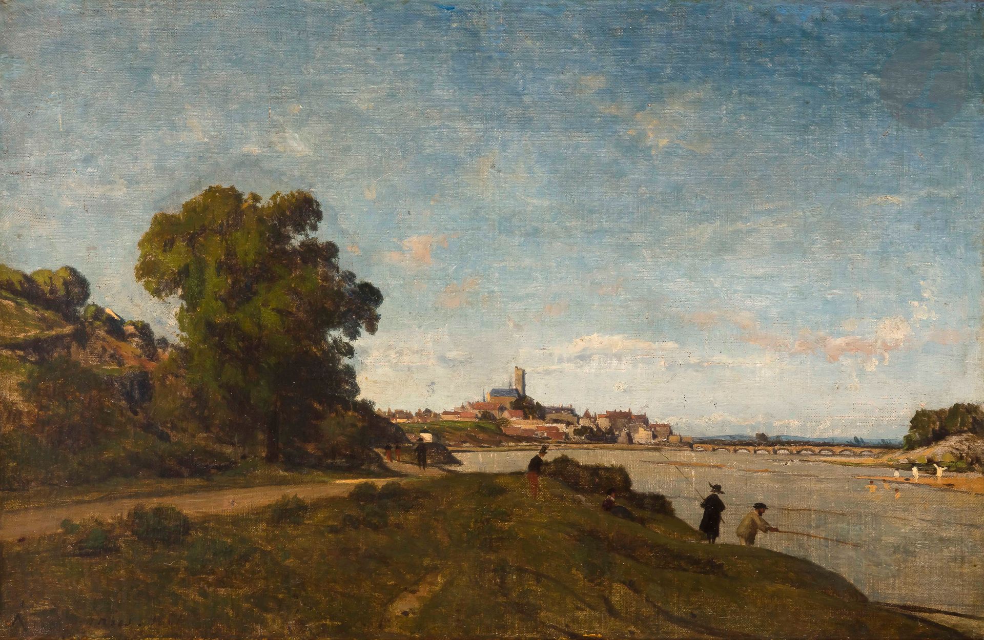 Henri Joseph HARPIGNIES (1819-1916)
Bord de Loire animé et vue de Nevers, Cathédrale Saint-Cyr-et-Sainte-Julitte, 1861
Huile sur toile.
Signée et datée en bas à gauche.
(Restaurations et usures).
30 x 45 cm

Nous remercions Jean-Pierre Cappoen pour les informations qu’il nous a transmises.

Harpignies représente à plusieurs reprises des vues de Nevers. En 1861, il expose au Salon une huile appelée Un soir sur les bords de Loire, où l’on aperçoit une vue de Nevers un peu plus éloignée que la nôtre avec le pont et la cathédrale Saint-Cyr-et-Sainte-Julitte au soleil couchant. Ce tableau est conservé en Angleterre au Birmingham Art Gallery.