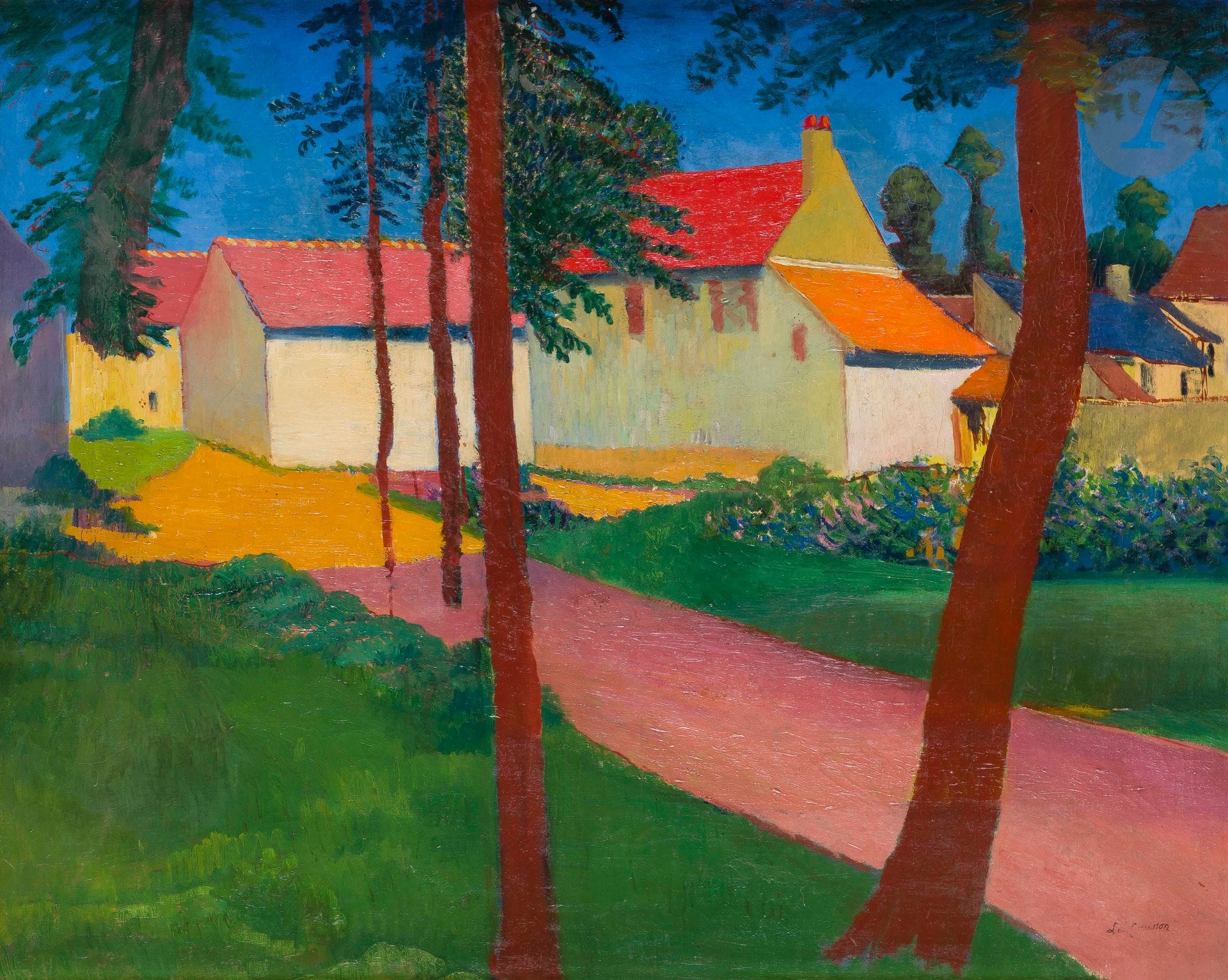 Léo GAUSSON (1860-1944)
Le Village
Huile sur toile.
Timbrée en bas à droite.
(Craquelures).
60 x 73 cm