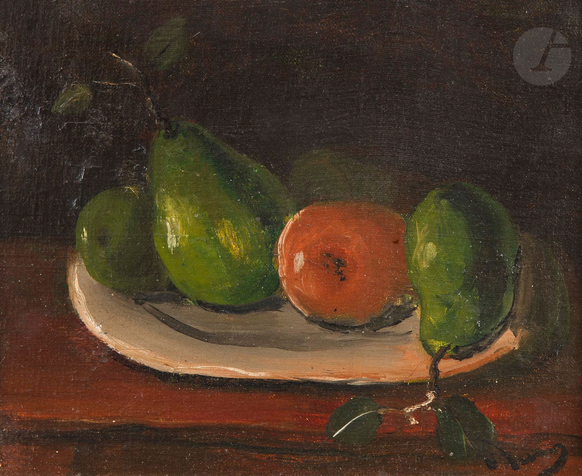 André DERAIN (1880-1954)
Plat de poires et pomme
Huile sur toile collée sur panneau.
Signée en bas à droite.
23 x 28 cm