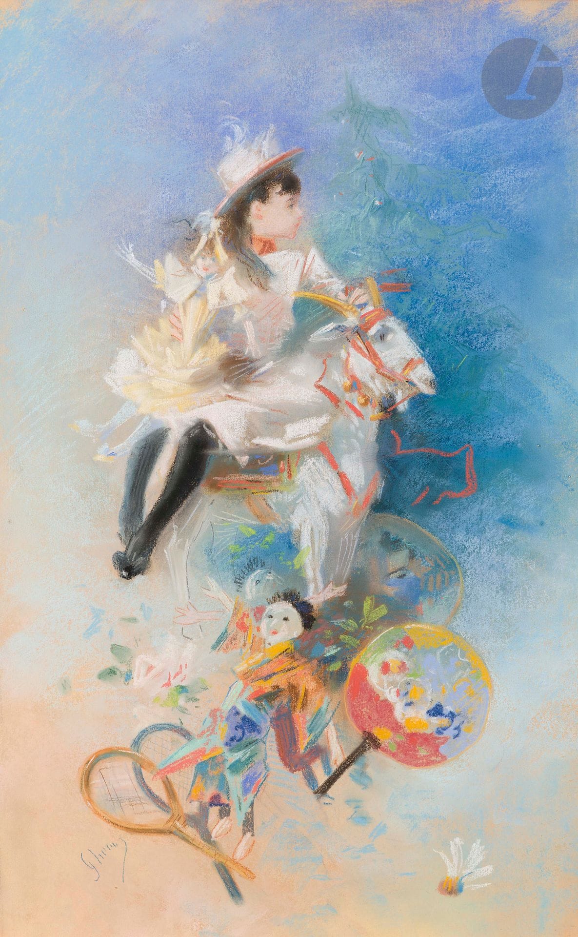 Jules CHÉRET (1836-1932)
Charmant portrait d’une petite fille trônant sur un cheval de bois au milieu de ses jouets
Pastel.
Signé en bas à gauche.
64 x 39 cm

Expert : Alain Weill
