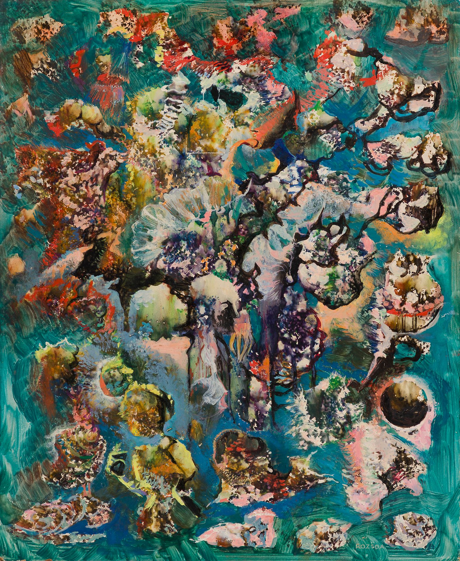 Endre ROZSDA [franco-hongrois] (1913-1999)
Amas de Galaxies, 1958
Huile sur isorel.
Signée en bas à droite.
(Petite griffure).
46 x 38 cm

Provenance : 
Galerie Furstenberg, Paris (étiquette au dos).

L’œuvre est enregistrée sous le n°ER-P-400 de l’inventaire Endre Rozsda.

Nous remercions Monsieur José Mangani pour les informations qu’il nous a transmises.

« Après l’exposition qu’André Breton et sa première femme ont organisée pour lui en 1957, Rozsda a fait la connaissance de Raymond Queneau. Il adhère alors aux idées de l’OULIPO (tout en restant hors du groupe) adoptant comme « contrainte » de cacher la figuration.
Les images figuratives apparaîtront désormais, dans ses tableaux, de façon subliminale, au hasard des frottages que Rozsda, à l’aide des pétales, des feuilles mortes ou de dentelles, inflige à la matière picturale de ses compositions abstraites.
Ce tableau a été fait au moment où s’opérait la transition. Il garde la chromatique de la fin de 1957, mais la figuration a disparu au profit de formes inventées très insolites et pleines d’humour. Le fait d’avoir choisi une composition en grappes, en s’inspirant du Ciel de Tintoret de Venise, le rend unique. »

Patrice Conti, Chantal Hourcade, José Mangani, Coprésidents des Amis d’Endre Rozsda