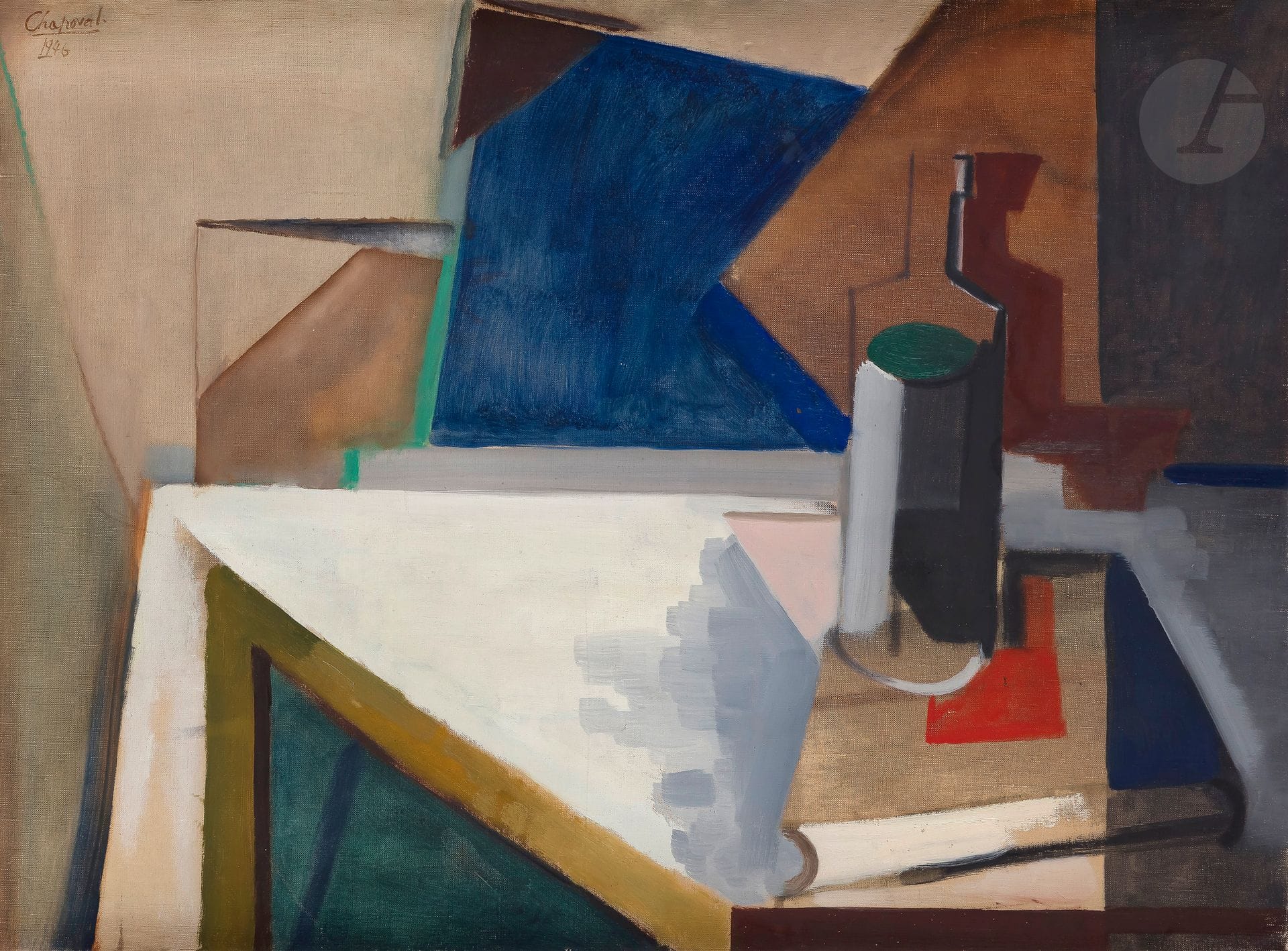 Youla CHAPOVAL [franco-ukrainien] (1919-1951)
Table de travail, 1946
Huile sur toile.
Signée et datée en haut à gauche.
54 x 73 cm

Provenance : 
Collection de Monsieur R., Paris 6e.

Bibliographie :
Évelyne et Marie-Laure Moisset, Youla Chapoval, Catalogue raisonné de l’œuvre peint, Paris, Les Éditions de l’amateur, 2015, n°136, reproduit p. 145.