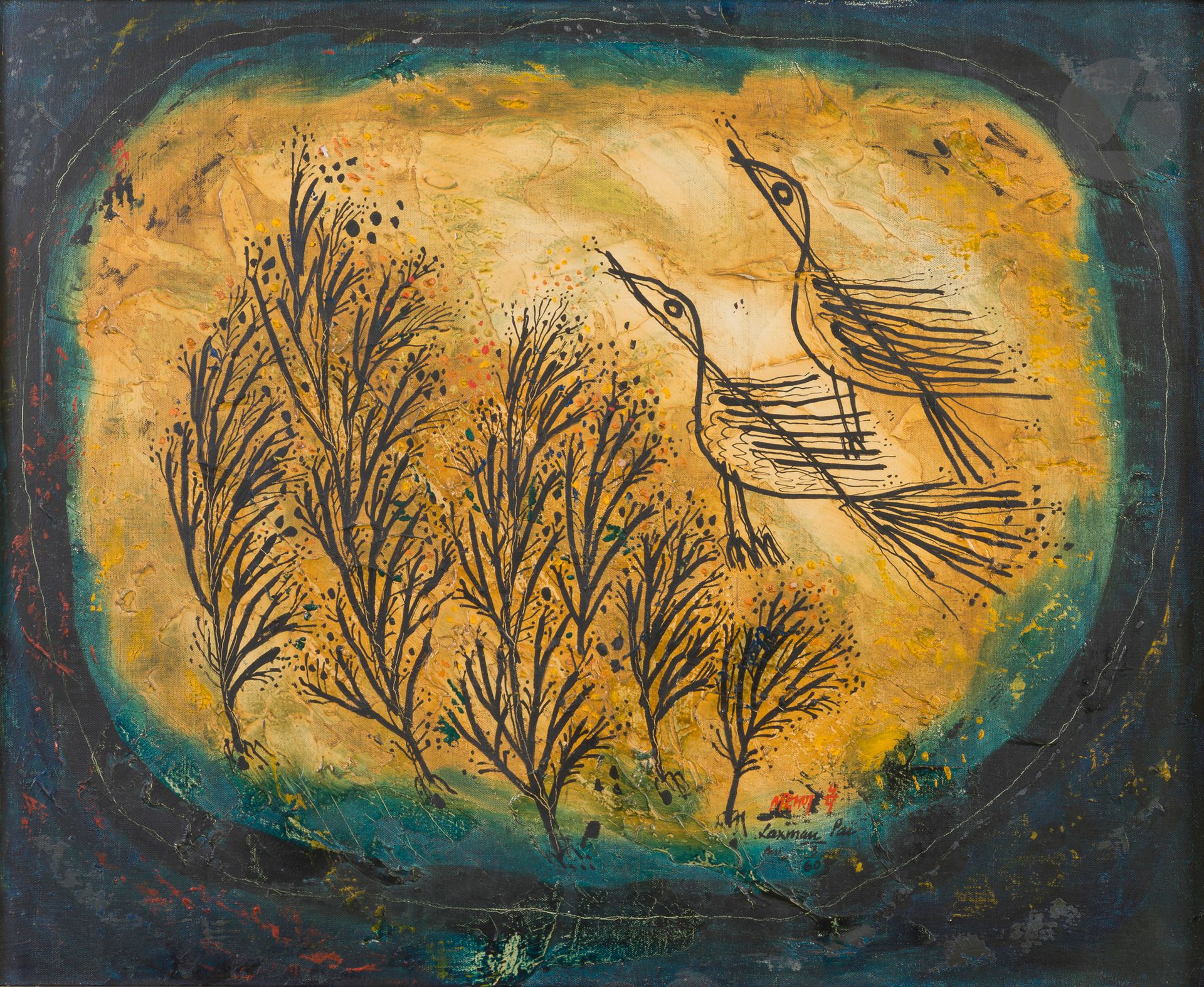 Laxman PAI [indien] (1926-2021)
Oiseaux, 1960
Huile sur toile.
Signée et datée en bas à droite.
60 x 73 cm

Provenance : 
Succession de Madame X, Paris. Œuvre acquise directement auprès de l’artiste par cette dernière.