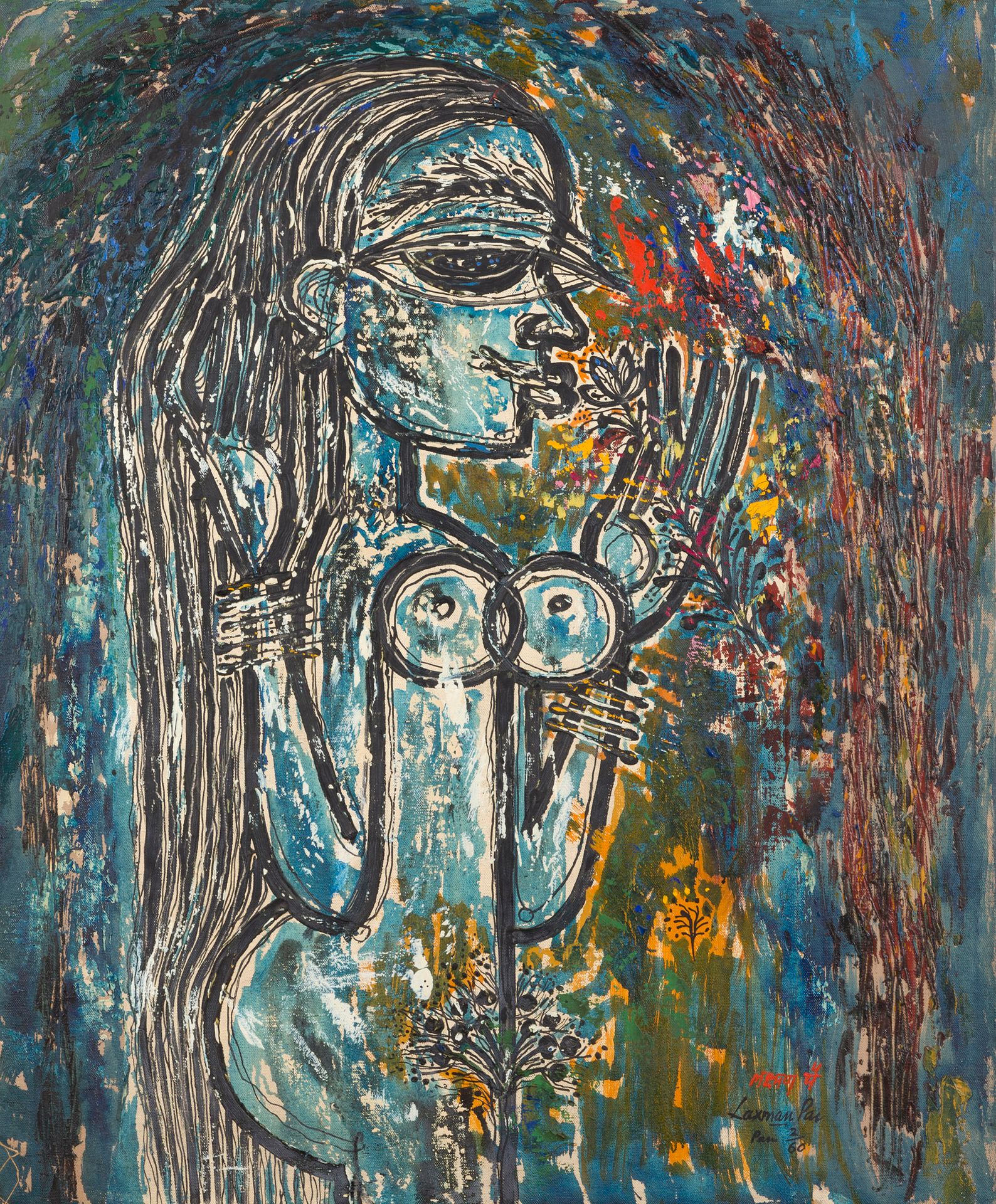 Laxman PAI [indien] (1926-2021)
Nu bleu, 1960
Huile sur toile.
Signée et datée en bas à droite.
76 x 60 cm

Provenance : 
Succession de Madame X, Paris. Œuvre acquise directement auprès de l’artiste par cette dernière.