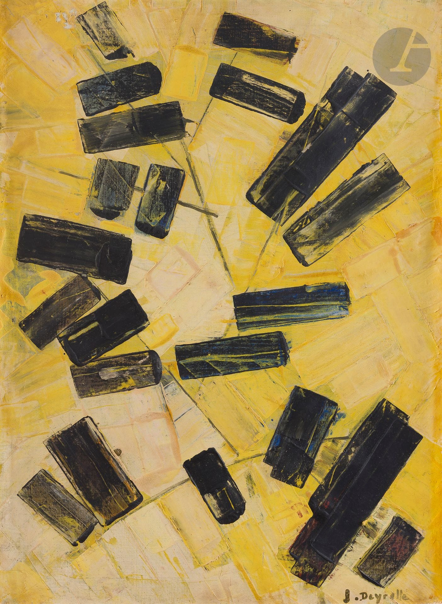 Jean DEYROLLE (1911-1967)
Hadrien opus 622, 1960
Huile sur toile.
Signée en bas à droite. 
Titrée et numérotée au dos.
(Manques).
73 x 54 cm

Provenance : 
Galerie Mark, Collection Rikard Hendriksen, Vedbaek, Danemark (tampon au dos sur le châssis).

Expositions : 
- Jean Deyrolle - Rétrospective, Musée Municipal, Saint-Paul-de-Vence, 1968.
- Galerie Mark, Foire de Bâle, 1974, reproduit au catalogue.
- Galerie Mark, Zurich, 1976, reproduit au catalogue.

Bibliographie : 
Georges Richar-Rivier, Jean Deyrolle, Catalogue raisonné, œuvre peint 1944-1967, Éditions Cercle d’Art, 1992, n°60.01, reproduit p. 210.