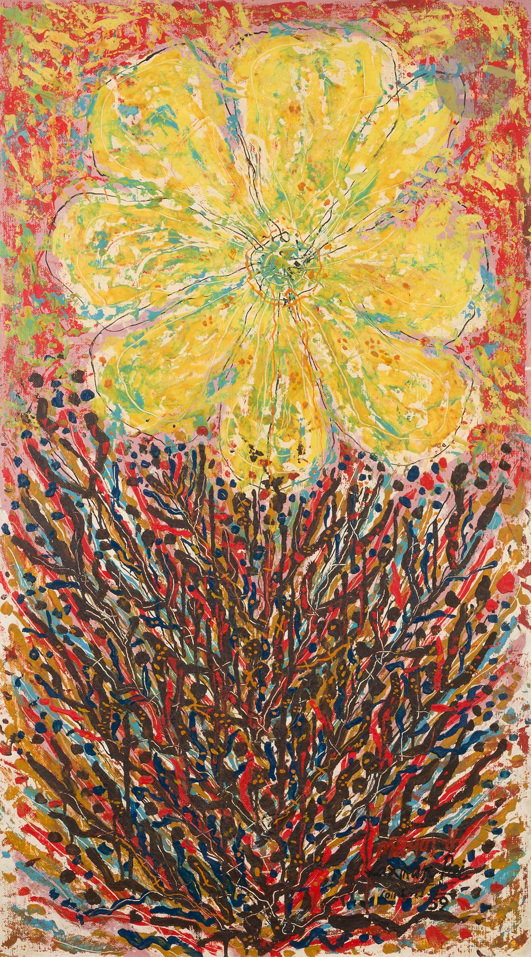 Laxman PAI [indien] (1926-2021)
Flower, 1959
Huile sur isorel.
Signée et datée en bas à droite.
Signée, datée et titrée au dos.
122 x 67 cm

Provenance : 
Succession de Madame X, Paris. Œuvre acquise directement auprès de l’artiste par cette dernière.