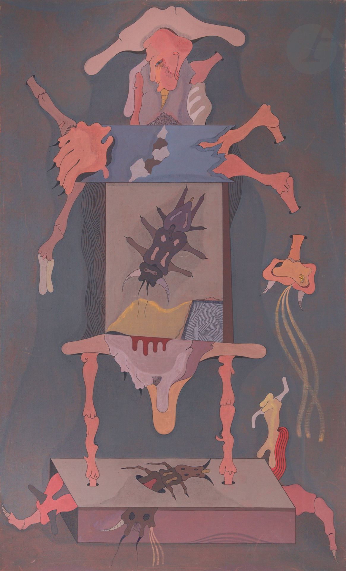 Jorge CAMACHO [cubain] (1934-2011)
El Tartamudo, 1974
Huile sur toile.
Signée et titrée au dos.
(Petits frottements).
162 x 97 cm

Provenance : 
- Galerie de Seine, Paris.
- Galerie Thessa Herold, Paris.

Expositions : 
- XXII Premio del Fiorino, Biennale Internazionale d’Arte, Forte di Belvedere, Florence, 17 mai - 29 juin 1975 (étiquette au dos).
- Jorge Camacho, Galerie Farber, Bruxelles, 21 avril - 31 mai 1977, reproduit sur la 4e de couverture (étiquette au dos sur le châssis).
- Imaginative Tendenzen, Museum Bochum, Allemagne, 25 janvier - 30 mars 1997, n°122, reproduit au catalogue p. 58.
