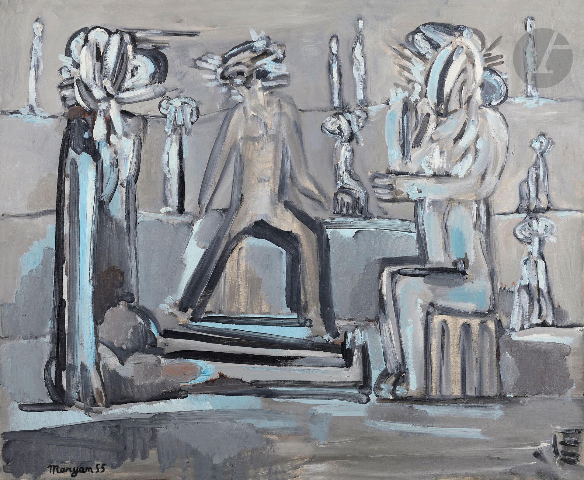Pinchas Burstein dit Mary MARYAN [polonais] (1927-1977)
Personnages, 1955
Huile sur toile.
Signée et datée en bas à gauche.
60 x 73 cm

Provenance : 
- Galerie Claude Bernard, Paris (étiquette au dos).
- Galerie 1900-2000, Paris (étiquette au dos).