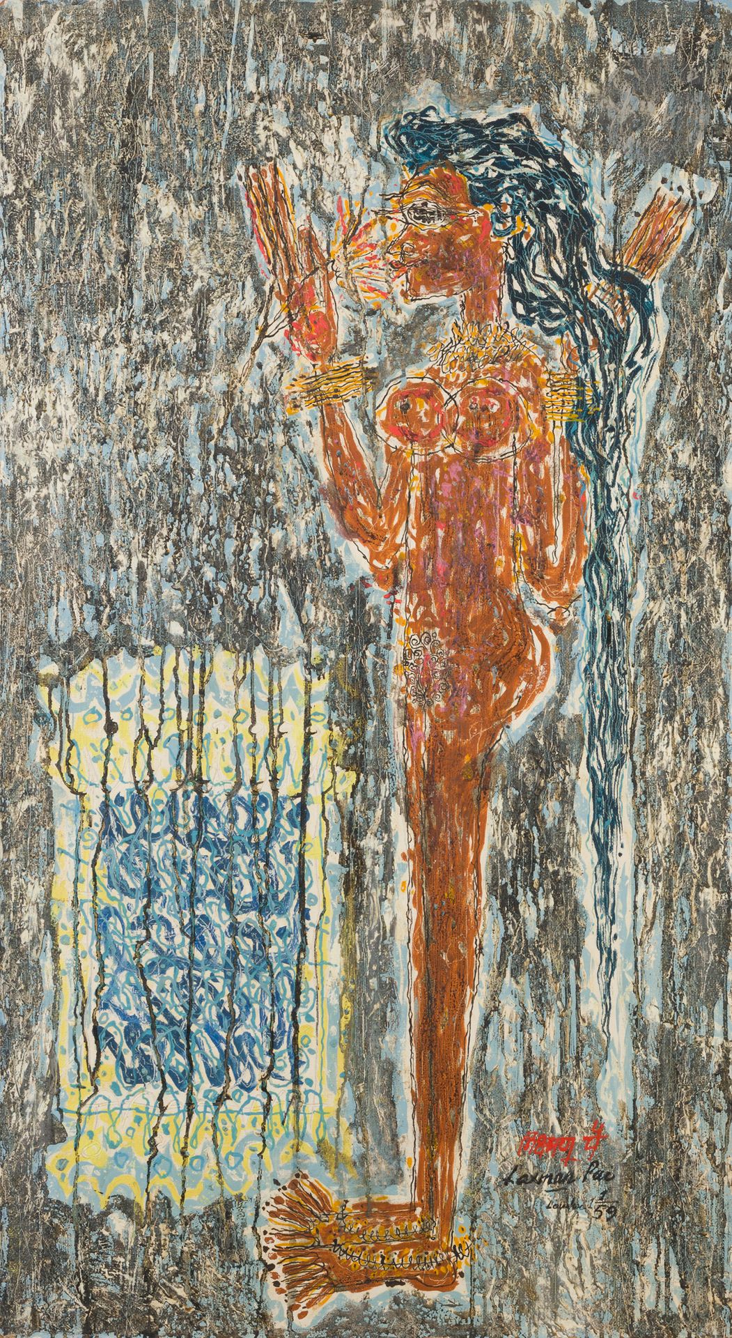 Laxman PAI [indien] (1926-2021)
Nude, 1959
Huile sur isorel.
Signée et datée en bas à droite.
Signée, datée et titrée au dos.
122 x 67 cm

Provenance : 
Succession de Madame X, Paris. Œuvre acquise directement auprès de l’artiste par cette dernière.