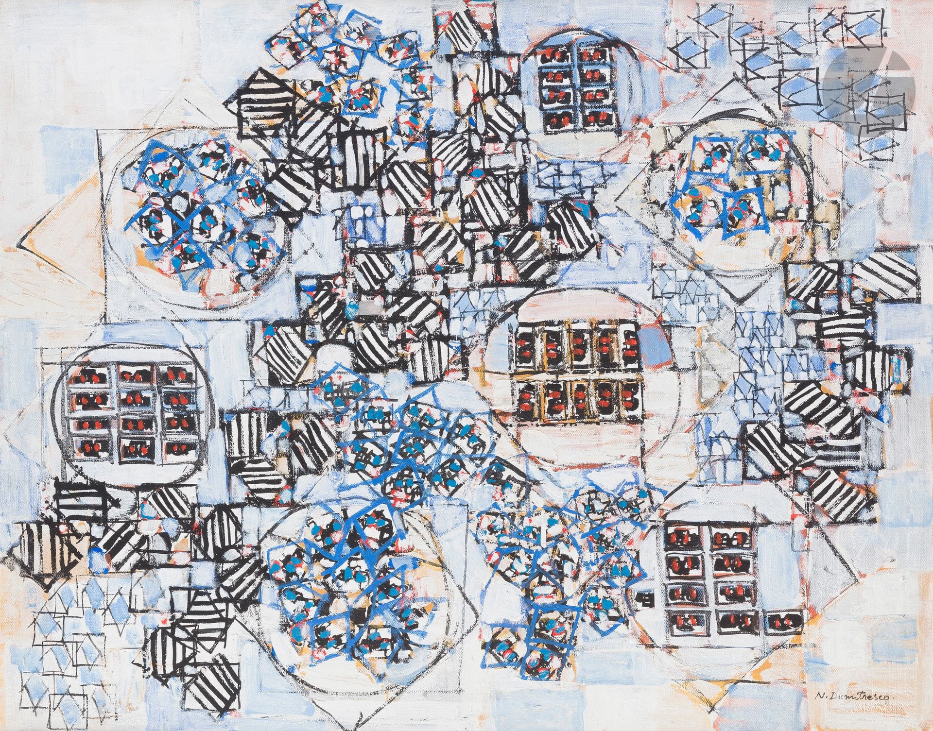 Natalia DUMITRESCO [roumaine] (1915-1997)
Bleu, 1967
Huile sur toile.
Signée en bas à droite.
Signée, datée et titrée au dos.
65 x 81 cm

Provenance : 
Vente de l’atelier, Artcurial, Paris, 26 mars 2013, n°28.