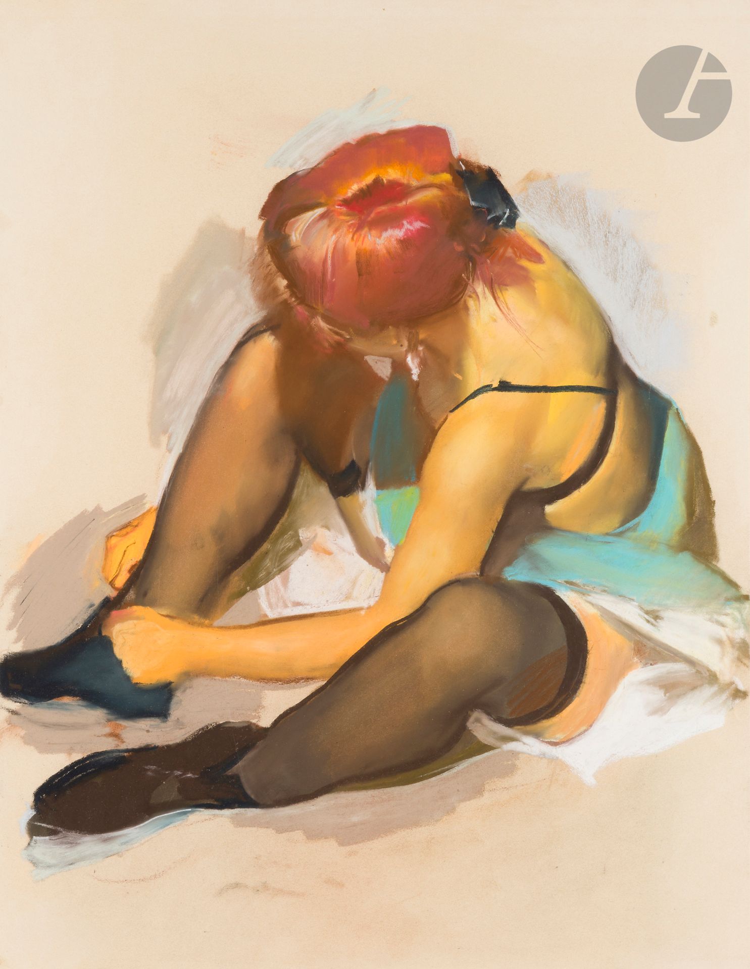 Tibor CSERNUS [hongrois] 
(1927-2007)
Femme se chaussant, 1989
Pastel.
Non signé.
65 x 50 cm

Provenance : 
Galerie Claude Bernard, Paris (étiquette au dos sur le montage).