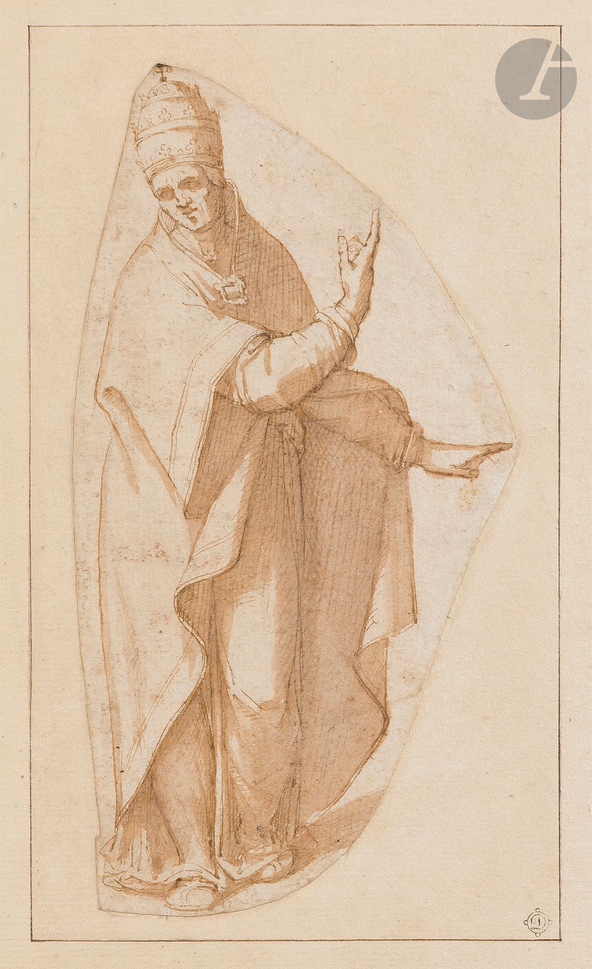 17th century ITALIAN PATICE
A Pope 
Pen and brown ink, brown wash.
Annotated at the bottom right of the mount "Dosse Dosso de Ferrara (1479 - 1560)" and on the back "Collection Desperet L.721, Dossi Giovanni" and other indistinct annotations.
17 x 9 cm cut paper (at the widest ends, given to the rectangle on a mount 18.1 x 10.7 cm)

Provenance:
Former Etienne Desperet collection, his stamp at lower right on mount (L.721).

A drawing of the Italian school of the 16th century with a study of drapery is attached.