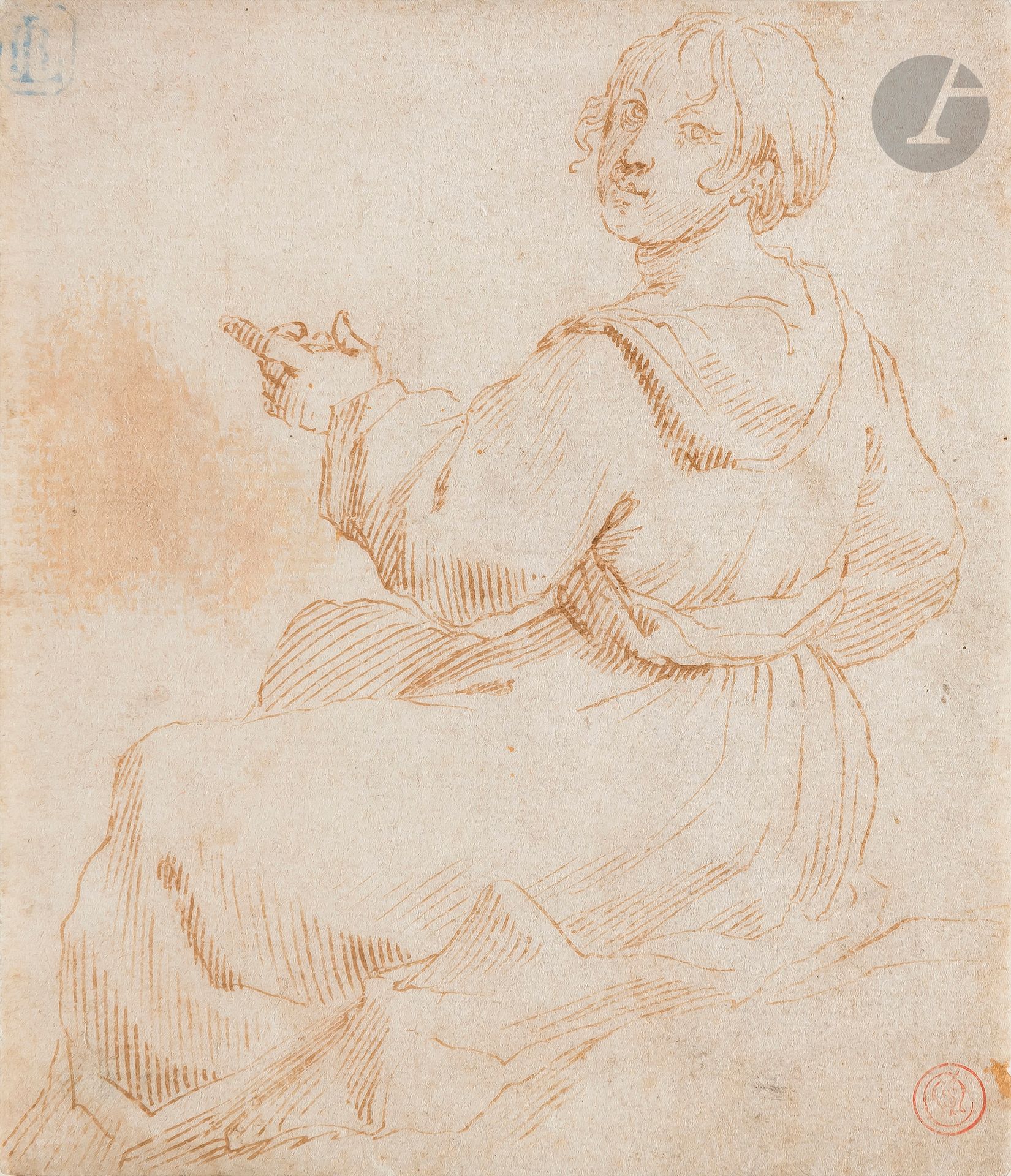 ÉCOLE ITALIENNE du XVIIe siècle 
Femme assise
Plume et encre brune. 
Cachet non-identifié en bas à droite (L.609).
(Légèrement insolé et tache sur le bord gauche).
12 x 10,2 cm

Provenance :
Ancienne collection R. Lamponi, en haut à gauche (L.1760).

On joint un dessin de l’école française du XVIIe siècle d’après Lafage, une feuille de Benjamin Zix, Serment d’amour, une école française du XVIIIe siècle, et un dessin de Jan Stolker.