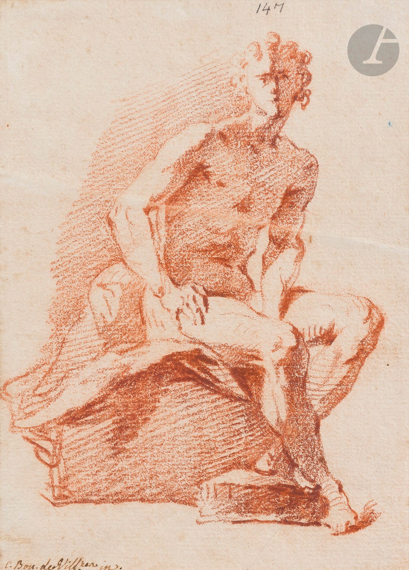 BOUCHER de VILLIERS (active around 1769 in France)
Academy of a seated man
Sanguine.
Signed lower left.
Numbered at the top "14M", annotations on the reverse in black pencil.
(Central horizontal fold).
18,5 x 13,5 cm

A French school of the XVIIIth century after Veronese, and two animal drawings of the northern school of the XVIIth century