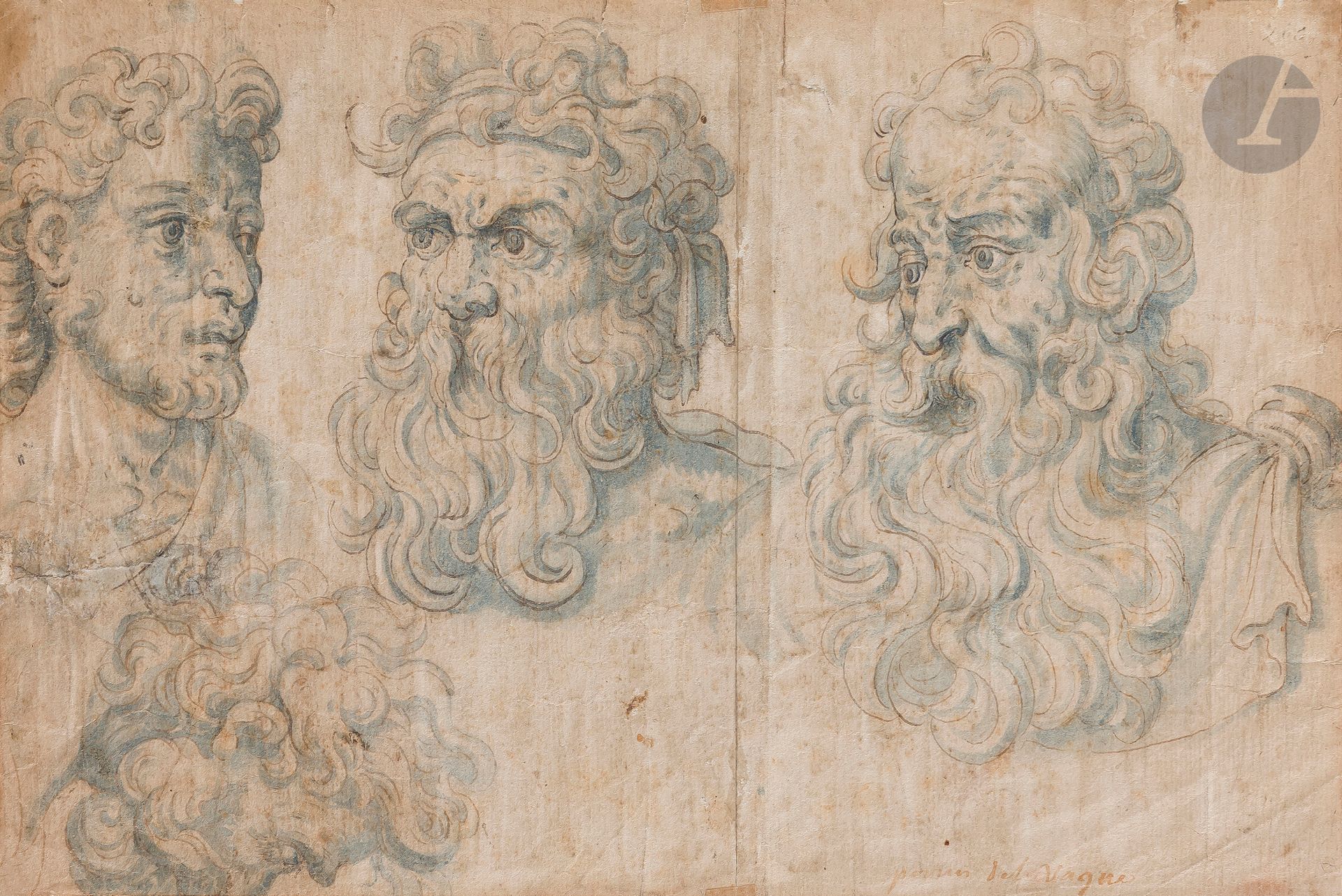 FLEMISH SCHOOL of the 17th century 
Study sheet with 4 heads of bearded men
Pen and brown ink, indigo wash on beige paper.
Annotated in the lower right corner "Perino del vaga".
On the back six studies of heads.
(Folds, tears, stains and small losses on the edges).
18,2 x 28,8 cm
