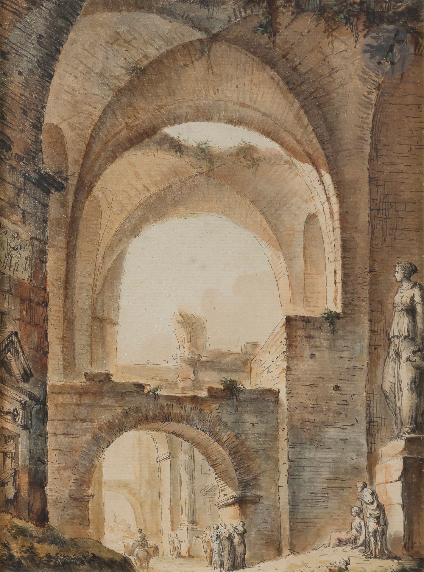 Jean-François BLONDEL (Paris 1705 - 1774)
Vue présumée des thermes de Caracalla
Aquarelle, plume et encre brune.
Signée en bas à gauche sous le montage à la plume et encre brune ainsi qu’au verso en bas à gauche.
Annotée au verso « Baden van Caracalla ».
(Légèrement insolé, quelques épidermures dans le bas).
23 x 17 cm

Provenance :
Ancienne collection G. Mauban, son cachet au verso du dessin en bas à gauche (L.2826).