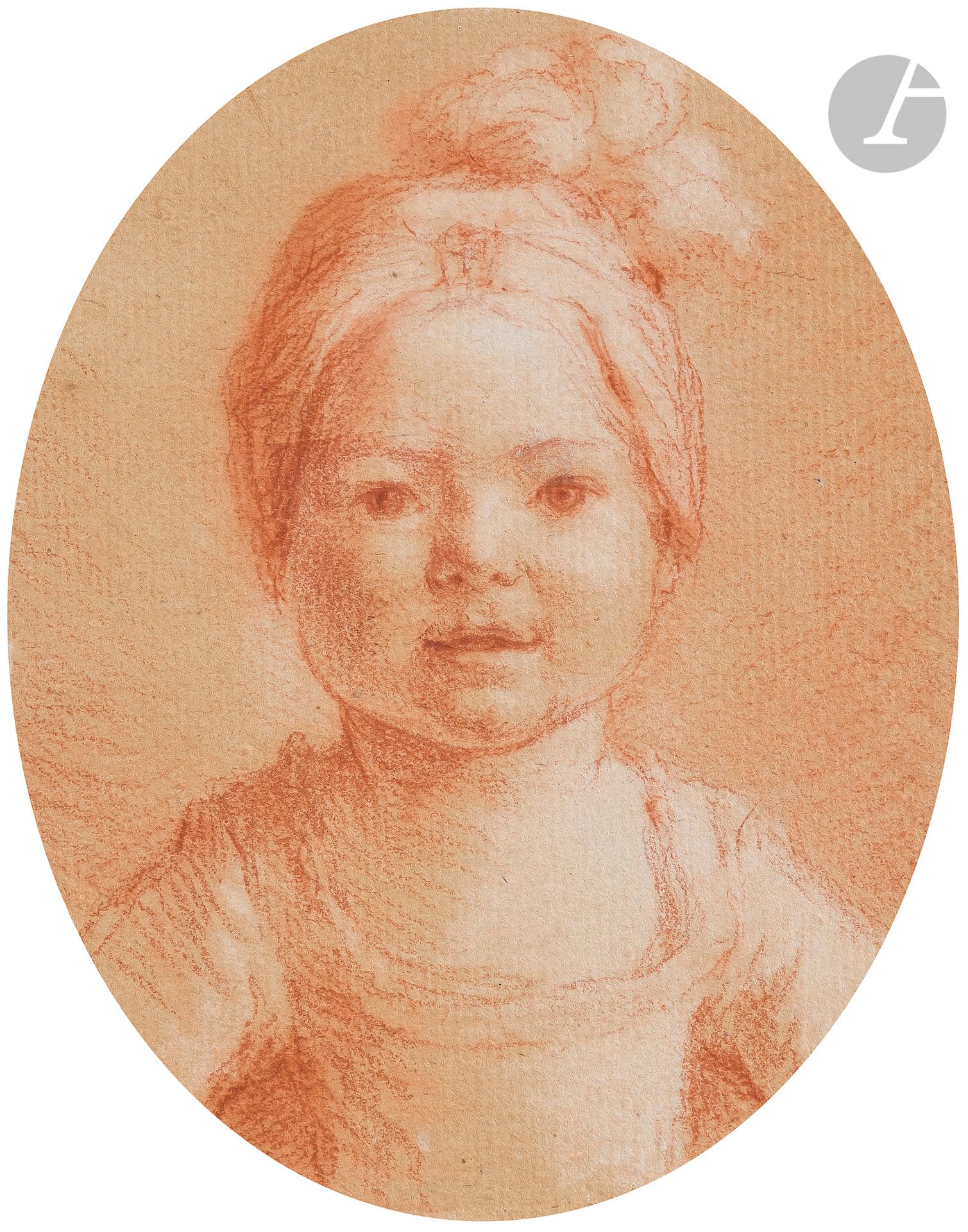 ÉCOLE FRANÇAISE du XVIIIe siècle
Portrait d’enfant au turban
Sanguine et rehauts de craie blanche sur papier beige.
Annotations au verso.
(Dessin doublé).
19,2 x 15,1 cm de forme ovale