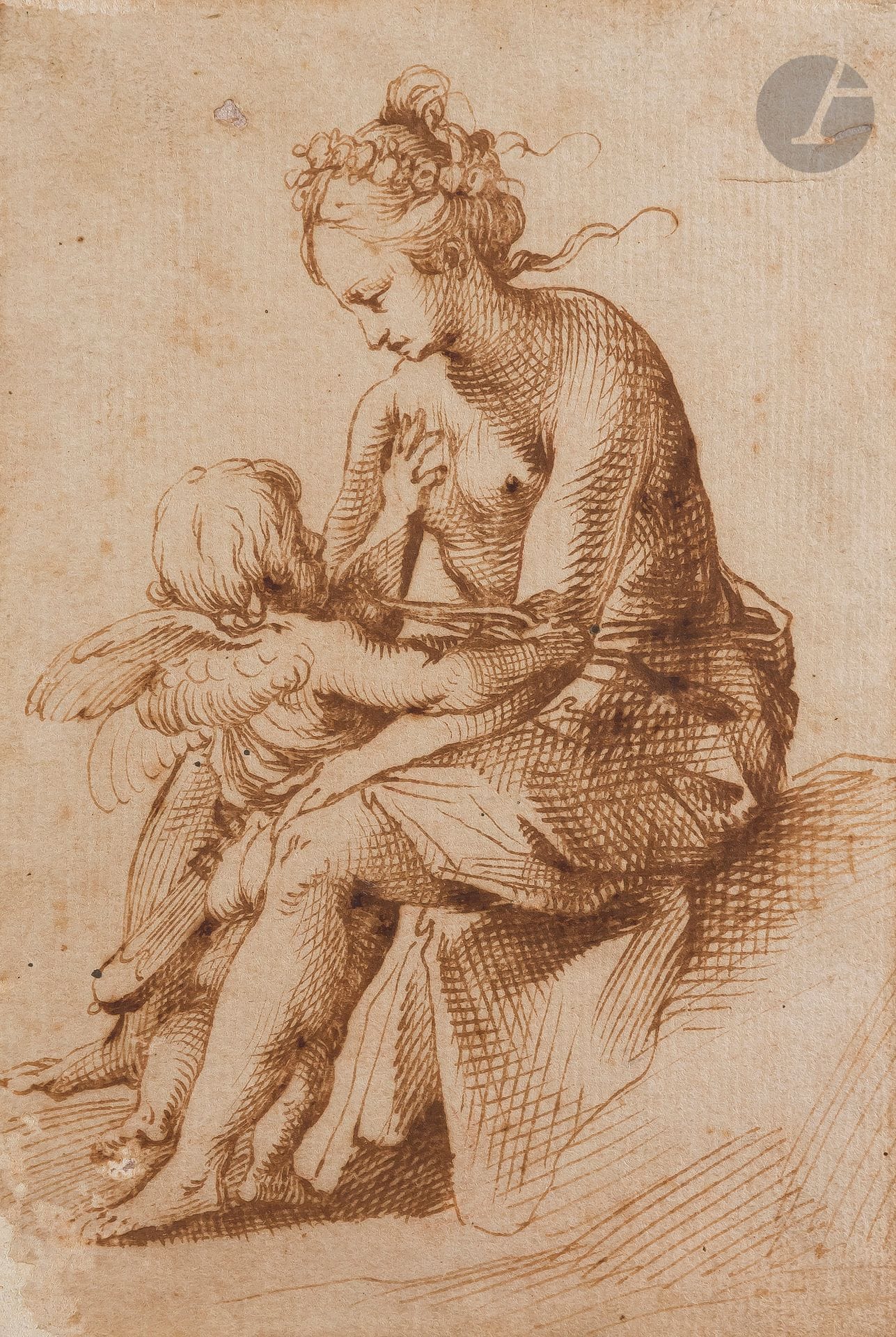 ÉCOLE DU NORD vers 1600 
Vénus et l’amour
Plume et encre brune.
(Dessin doublé, petit manque restauré en bas à droite et en haut au centre, légèrement insolé).
17,8 x 12 cm