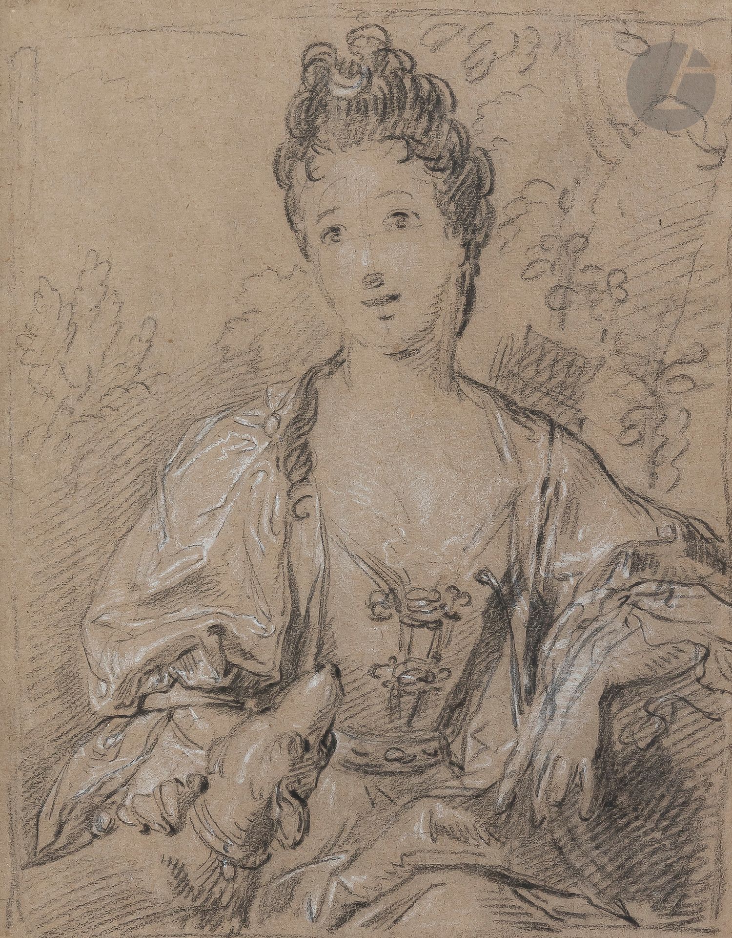 Alexis-Simon BELLE (Paris 1674 - 1734)
Portrait d’une jeune femme en Diane chasseresse
Pierre noire et rehauts de craie blanche sur papier chamois.
Annotée en bas à gauche « Largillière ».
Selon une étiquette au verso, ancienne collection Jaremistch.
(Petites pliures).
32,7 x 23,8 cm 

Provenance :
- Vente anonyme, Maîtres Hemard et Lair-Dubreuil, Hôtel Drouot, Paris, 25 mars 1925, n° 4, reproduit.
- Vente anonyme, Le Calvez et Associés, Auvers sur Oise, 20 juin 2012, lot n° 4.

Exposition : 
Exposition de dessins du XVe au XXe siècle, Max Bine, Paris, 1927, n° 79.