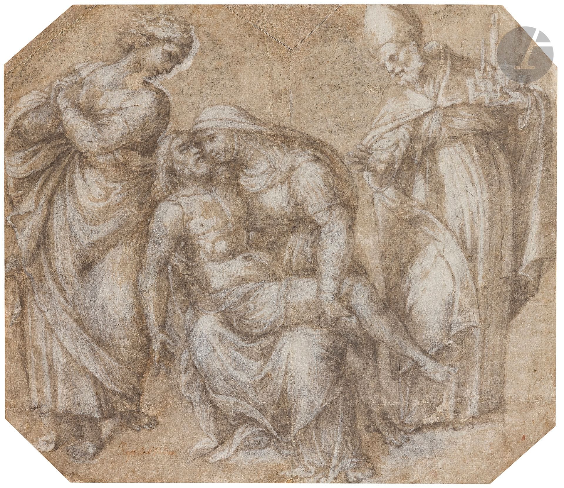 ÉCOLE BOLONAISE du XVIe siècle
La Déposition du Christ
Lavis gris sur traits de crayon noir et rehauts de craie blanche.
Inscription « Raphaël Urbino » en bas à gauche du dessin et annoté « Scuola Andrea del Sarto » au verso du doublage ainsi que diverses numérotations.
(Quatre coins coupés, plusieurs manques, deux feuilles collées au centre, collé en plein sur une toile, insolé).
18,5 x 21 cm