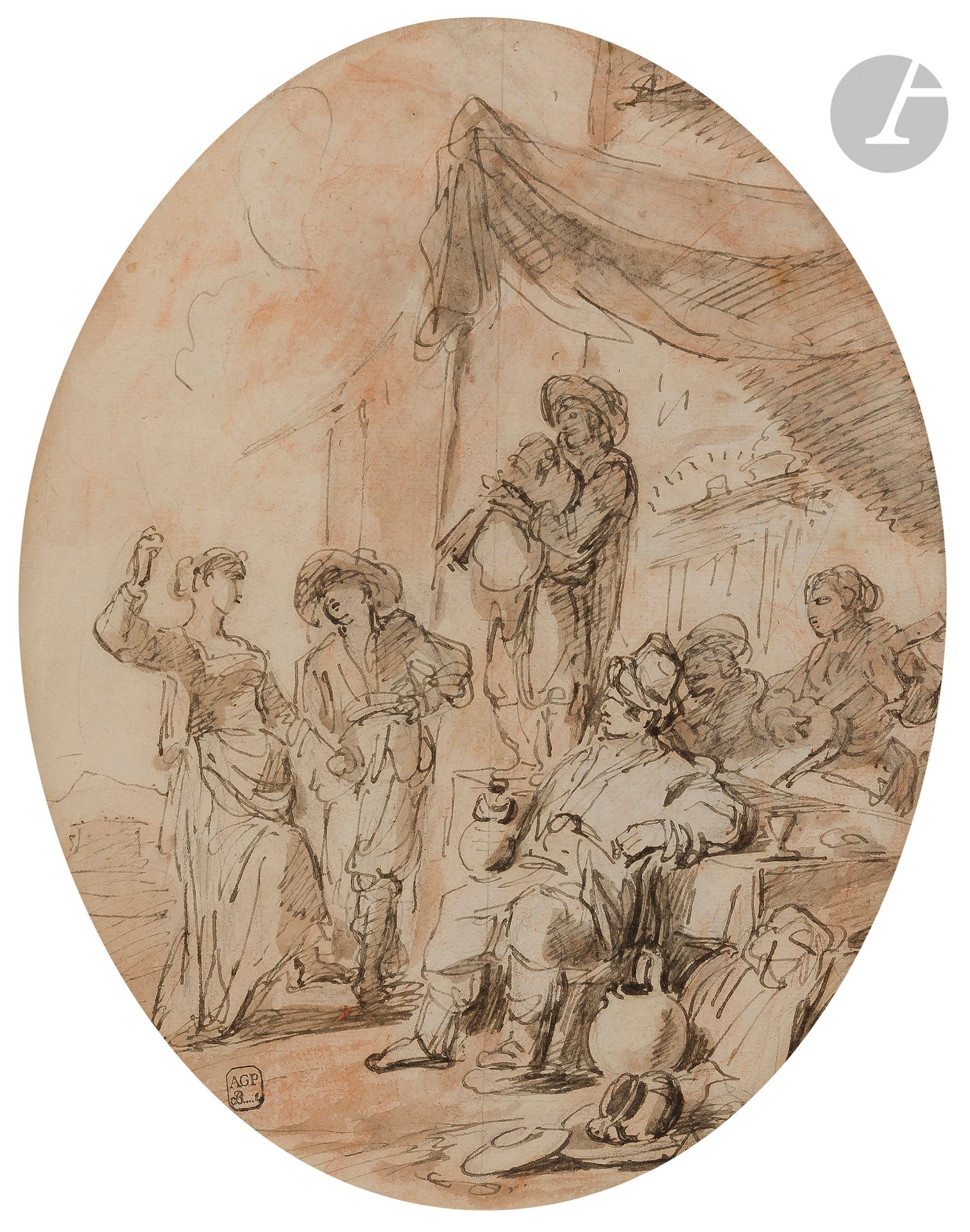 Nicolas-Antoine TAUNAY (Paris 1755 - 1830)
Gallant party under the arbour 
Pen and brown ink, brown wash and red chalk on black pencil lines.
(Insolate, small stains).
26,5 x 21,2 cm oval shape 

Provenance:
Former Bizemont Prunelé collection, his stamp at lower left (L.128).
