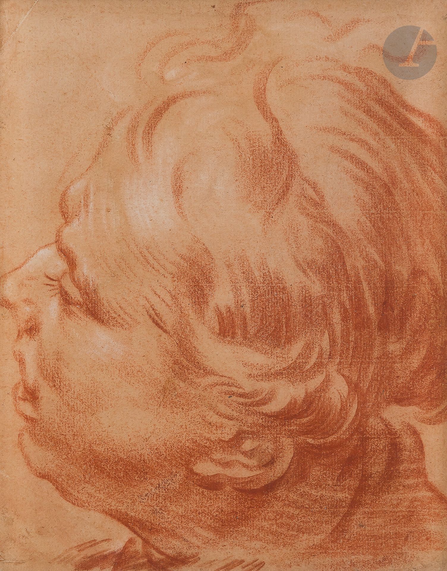 Jan GAREMYN (Bruges 1712 - 1799) 
Study of a head in left profile
Sanguine, blur and white chalk on beige paper.
Sketch on the back in red chalk.
(Slightly unstained, irregular lower edge and small folds).
19,6 x 16 cm

A proof of a head study is attached.