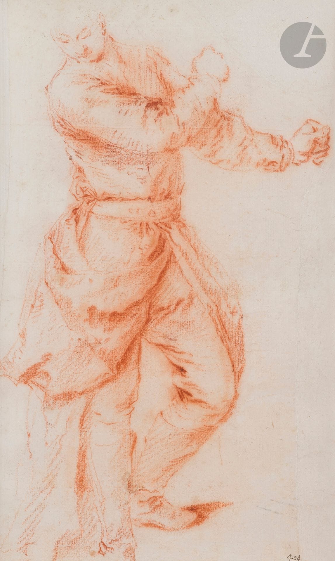 Jean-Baptiste PATER (Valenciennes 1695 - Paris 1736)
A pair: studies for the lion hunt or the Chinese hunt
Sanguine and estompe.
Both are numbered lower right "404" and "405".
Returned to the rectangle, cut out and reinstated (important strips of paper added on the edges).
(Small stains).
21.5 x 13 cm each. 

Provenance: 
Camille Groult (1837-1908), then his son Jean (1868-1951); his sale, Hôtel Drouot, Paris, December 19, 1941, two hangings, no. 73 and no. 74.

Bibliography:
X. Salmon, exhibition catalog: Versailles, les Chasses exotiques de Louis XV, Musée de Picardie, Amiens-musée national du Château de Versailles, n° 15-16, reproduced.
Our two studies are preparatory to the painting The Chinese Hunt dated 1737 and kept in the Amiens museum: The king of China on his throne armed with his saber or cutlass and the rider with a lance.
During the reign of Louis XV, a real "culture of elsewhere" developed in the wake of the multiplication of exchanges with Asia. It was in this context of the emergence of a new taste that exotic hunts were commissioned from official artists. Indeed, the representation of this traditional practice is now combined with fantasized oriental figures. These two sanguine studies of Chinese men by Jean-Baptiste Pater are eloquent examples of this broadening of the iconographic repertoire and of the mutation of the trends visible through the royal commission.