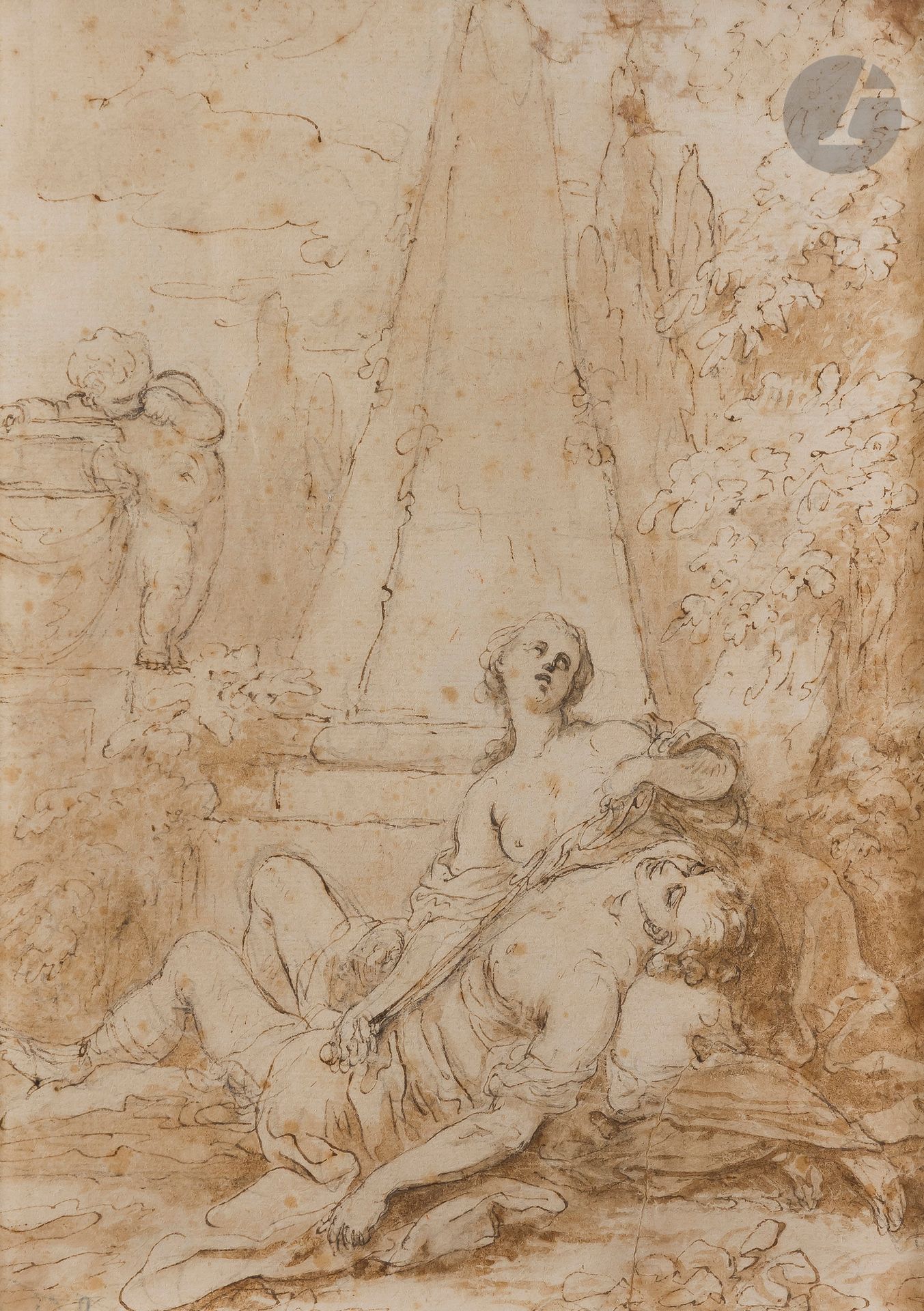 Simon JULIEN dit Julien de Parme (Toulon 1735 - Paris 1800)
Pyrame et Thisbée 
Plume et encre brune, lavis brun sur traits de crayon noir.
(Déchirure restaurée en bas à droite (environ 6 cm), insolé, rousseurs, pliure).
26,5 x 18,6 cm