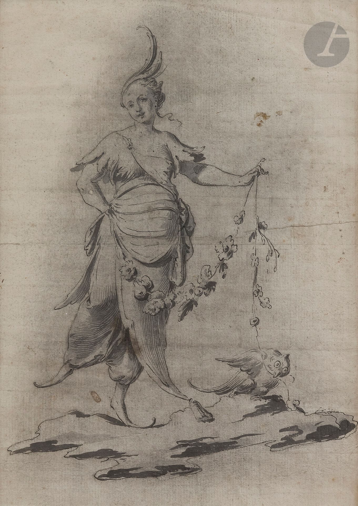 ÉCOLE FRANÇAISE du XVIIIe siècle
Figure allégorique féminine accompagnée d’un hibou : la sagesse ou Athéna
Plume et encre noire, lavis gris, estompe de crayon noir.
Entièrement passé à l’aiguille en vue d’un report, passé à la pierre noire.
(Pliures, déchirures et taches).
35,4 x 25 cm