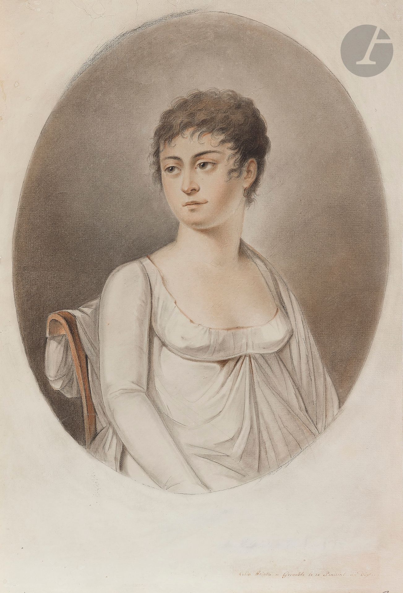 Jean-Pierre COLIN (Grenoble 1767- 1820) 
Portrait de jeune femme le regard tourné vers la gauche
Pierre noire et sanguine, estompe.
Signée et datée en bas à droite « Colin peintre à Grenoble le 10 Prairial au Diz » et annotée au verso « vendredi 29 Mai 1802 ».
(Légèrement insolé).
44,5 x 31,1 cm inscrit dans un ovale