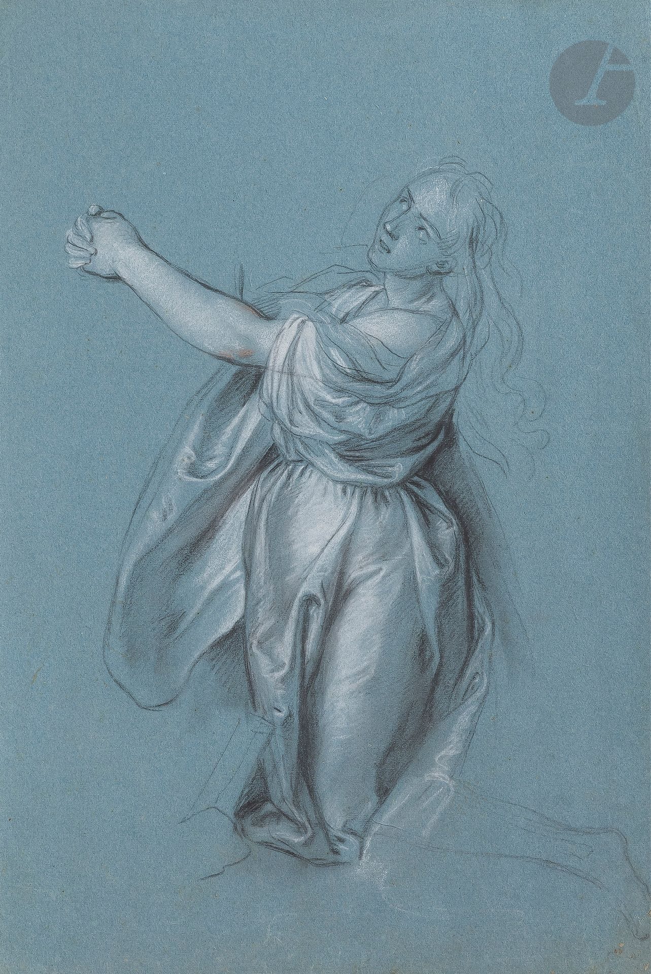 Charles-Antoine COYPEL (Paris 1694 - 1752)
Marie-Madeleine au pied de la croix
Pierre noire, traces de sanguine, estompe et rehauts de blanc sur papier bleu.
(Dessin doublé anciennement, petites taches en bas à droite).
40,4 x 30,5 cm 
 Notre dessin est préparatoire au tableau (voir : Thierry Lefrançois, Charles Coypel 1694 -1752, Paris, Éditions Arthéna, 1994, n° P.  317, p. 387, vendu chez Christie’s New York, 25 janvier 2012, lot n° 123, reproduit) exécuté en 1717 pour le maître-autel de l’église Saint-Germain-l’Auxerrois. Il existe une autre étude par Coypel du même personnage avec quelques variantes au niveau du drapé et du positionnement (voir : Dessin anciens, Normandy Auction, Rouen, 9 décembre 2012, lot n° 101, reproduit).