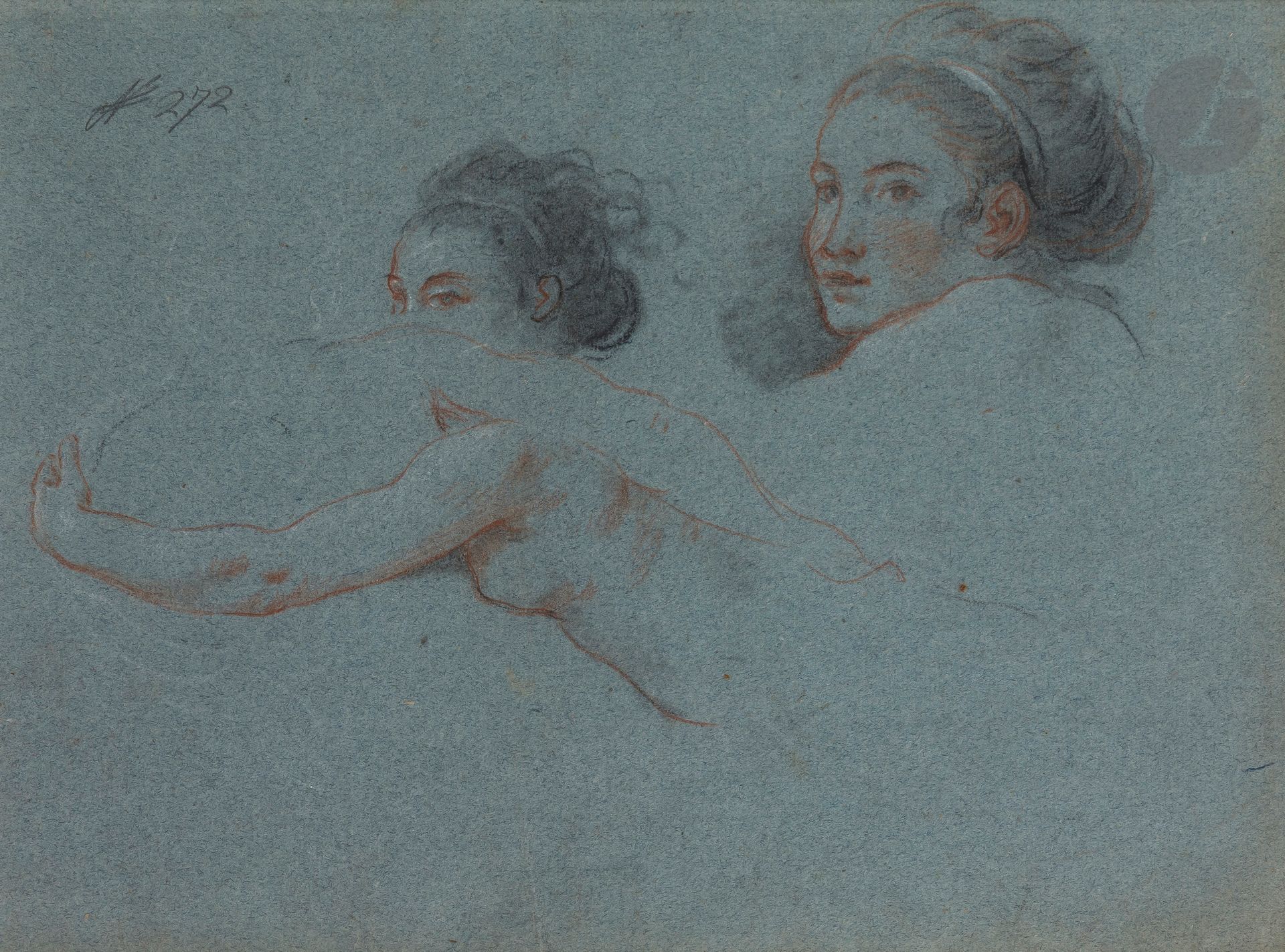 ÉCOLE FRANÇAISE du XVIIIe siècle 
Étude de femme nue en buste et reprise de tête
Trois crayons sur papier bleu.
(Légèrement insolé).
31,6 x 43 cm

Provenance : 
- Album Duvivier, le paraphe et n° 272 en haut à gauche.
- Vente anonyme, Maîtres Audap, Godeau et Solanet, Hôtel Drouot, Paris, 29 octobre 1987, n° 25 décrit comme entourage des Coypel.

La famille Duvivier, célèbre dynastie de médailleurs du XVIIIe siècle, fut à l’origine de cet album factice (démantelé depuis) réunissant un important ensemble d’académies.