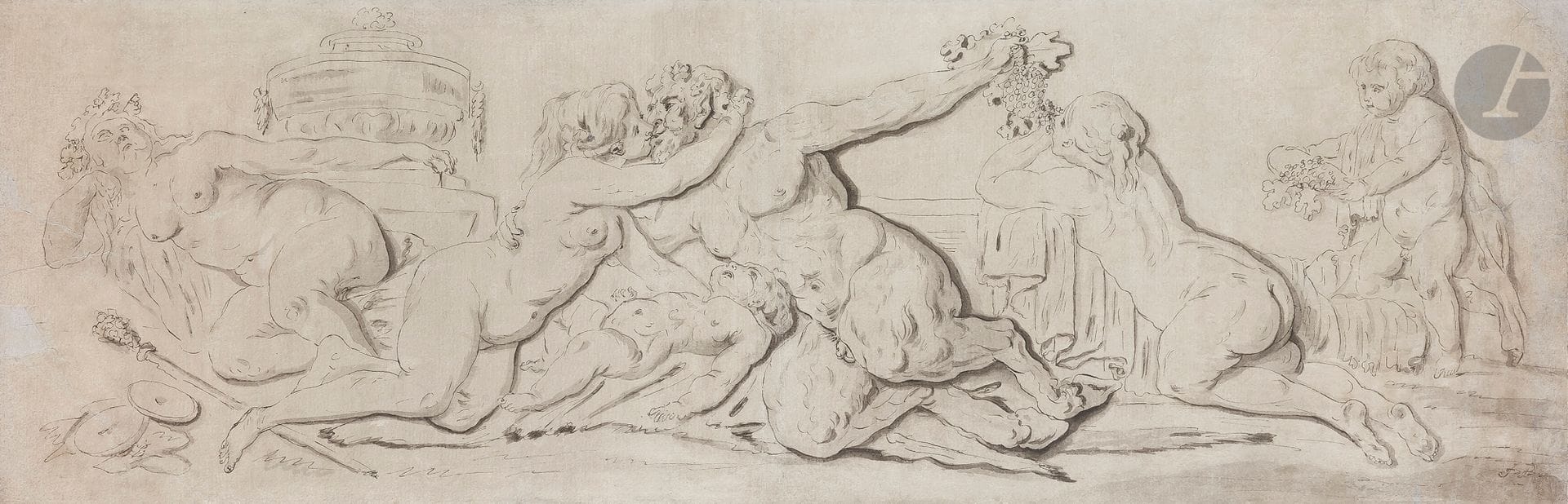 ÉCOLE FRANÇAISE du XVIIIe siècle 
Bacchanale
Plume et encre noire, lavis gris.
Annoté en bas à droite « FP ».
(Dessin doublé, manques restaurés, pliures et petites taches).
21 x 62 cm