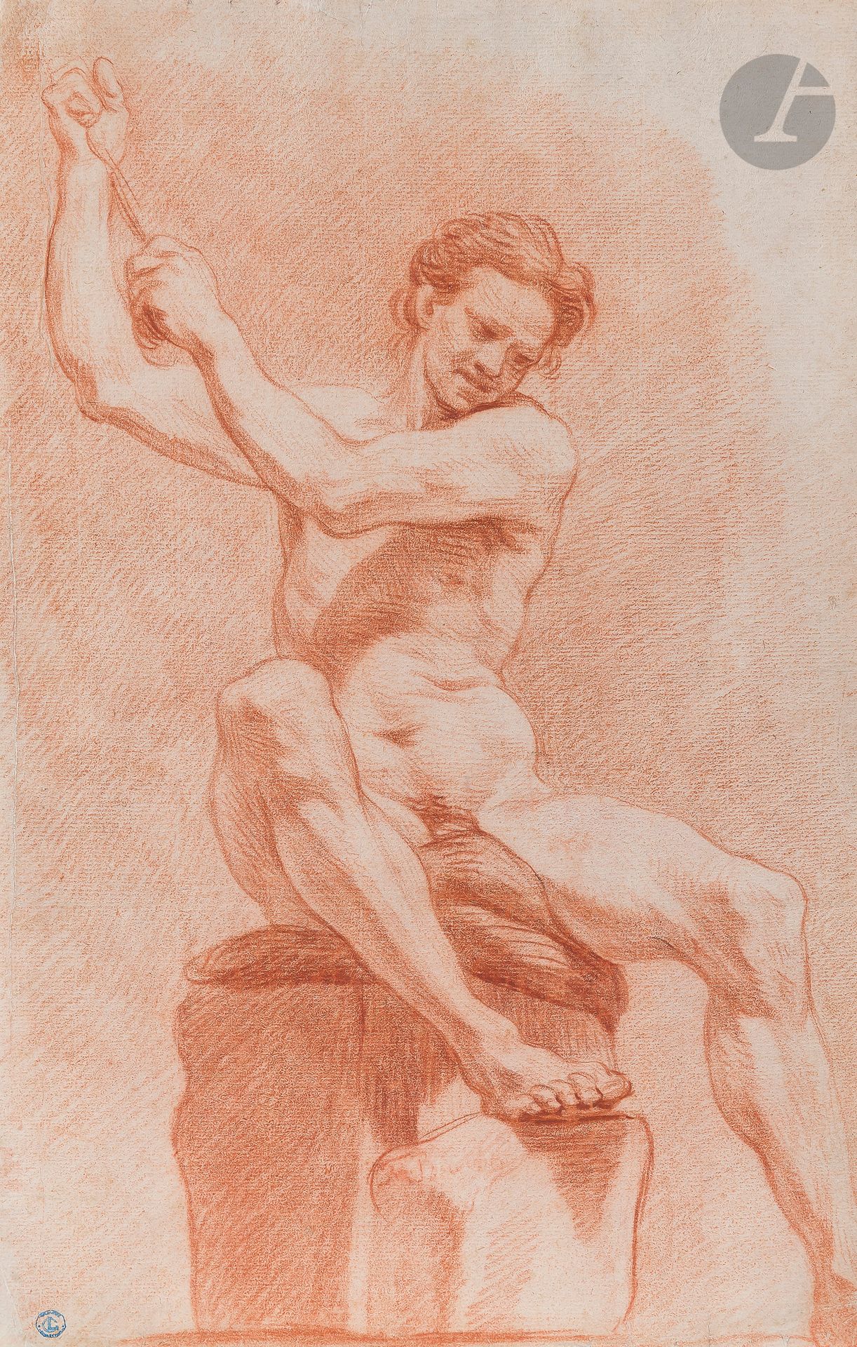ÉCOLE FRANÇAISE du XVIIIe siècle
Académie d’homme assis les bras levés
Sanguine.
(Doublé d’un papier japon).
43 x 28 cm de forme irrégulière.

Provenance :
Ancienne collection C. Lucido, son cachet en bas à gauche (L.3269).

On joint trois études diverses : deux portraits d’hommes et une assemblée de femmes et enfants dans un paysage.