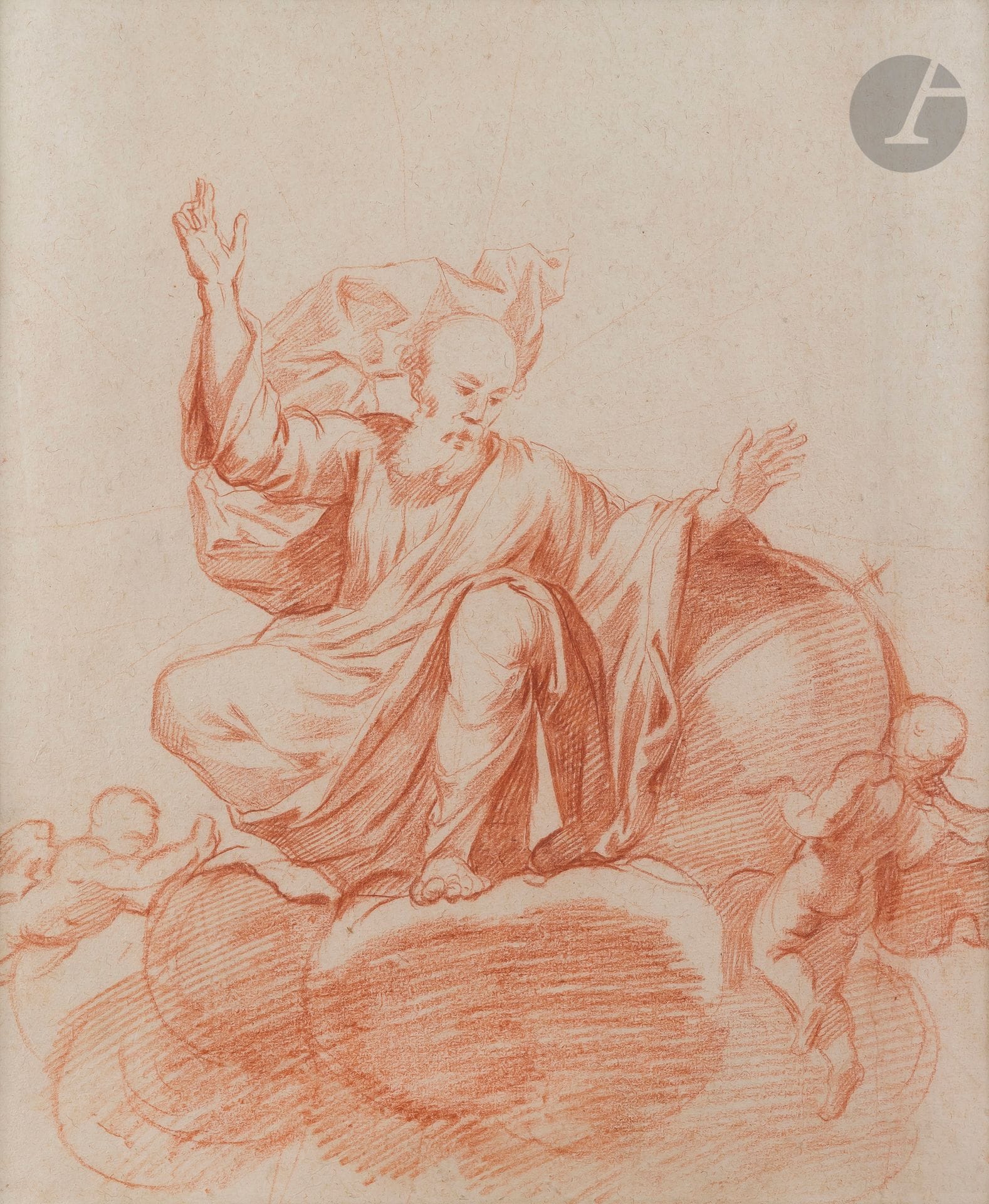 MILANESE SCHOOL circa 1700 
Salvator Mundi 
Sanguine.
(Slightly faded, stains). 
42,3 x 35,4 cm
